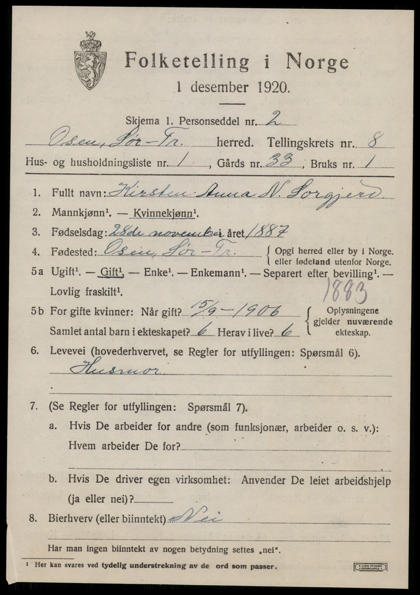 SAT, 1920 census for Osen, 1920, p. 3653