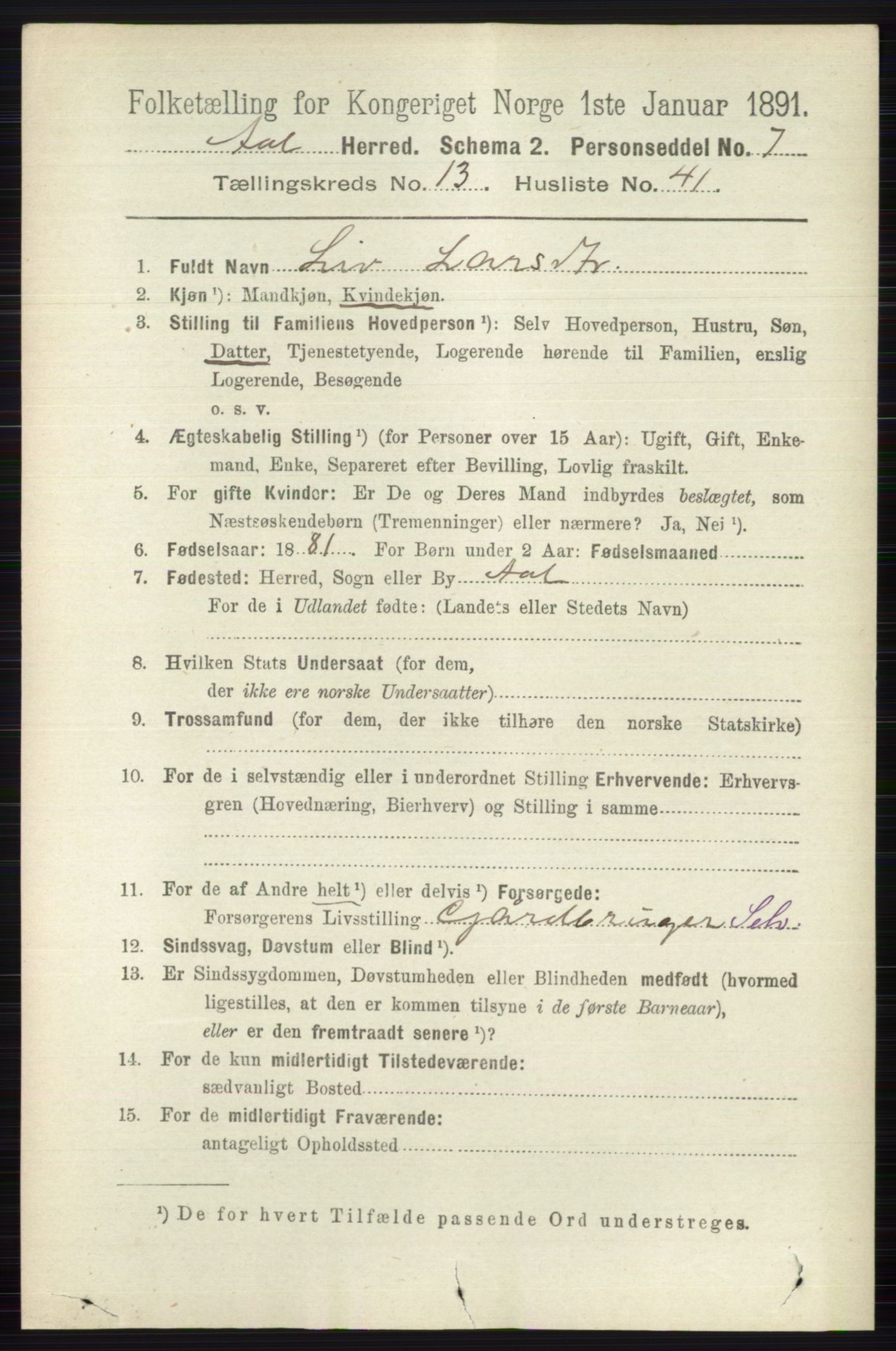 RA, 1891 census for 0619 Ål, 1891, p. 3488