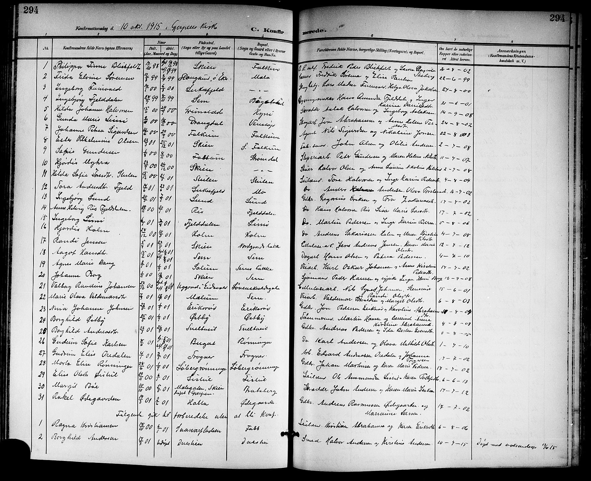 Gjerpen kirkebøker, SAKO/A-265/G/Ga/L0003: Parish register (copy) no. I 3, 1901-1919, p. 294
