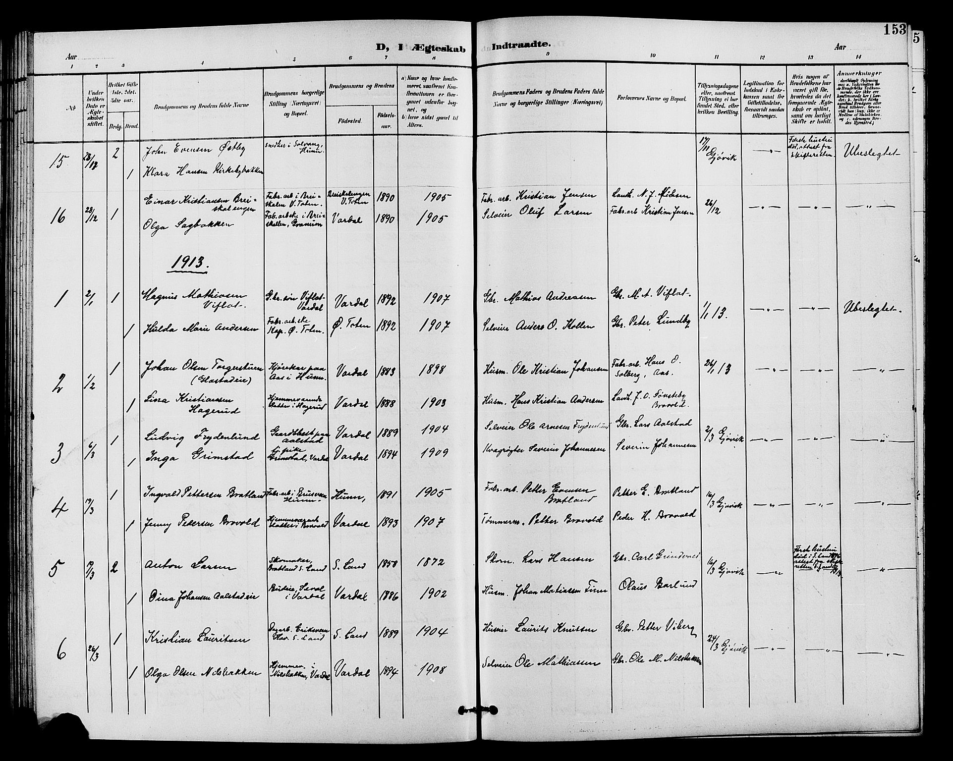 Vardal prestekontor, SAH/PREST-100/H/Ha/Hab/L0011: Parish register (copy) no. 11, 1899-1913, p. 153