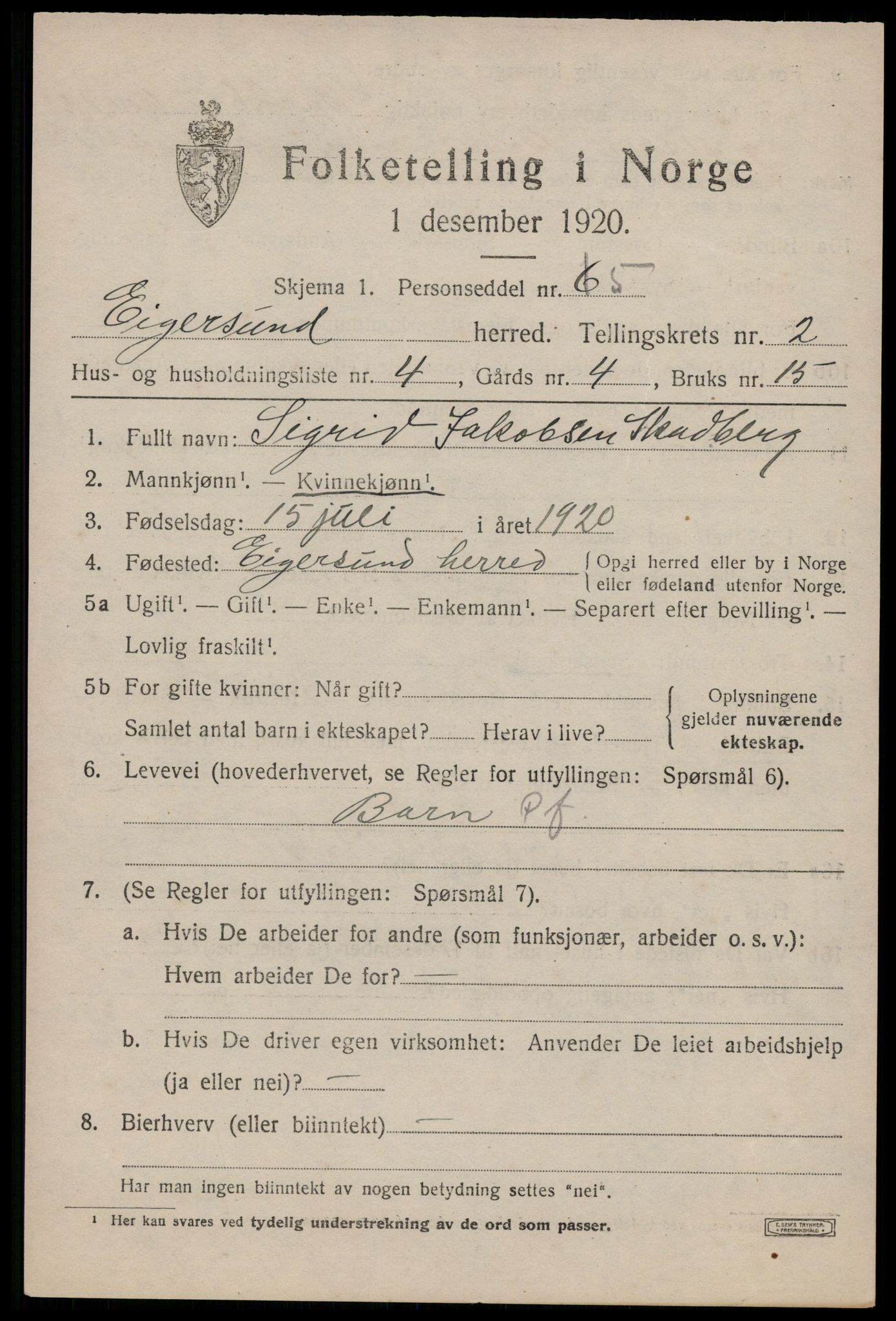 SAST, 1920 census for Eigersund, 1920, p. 1651