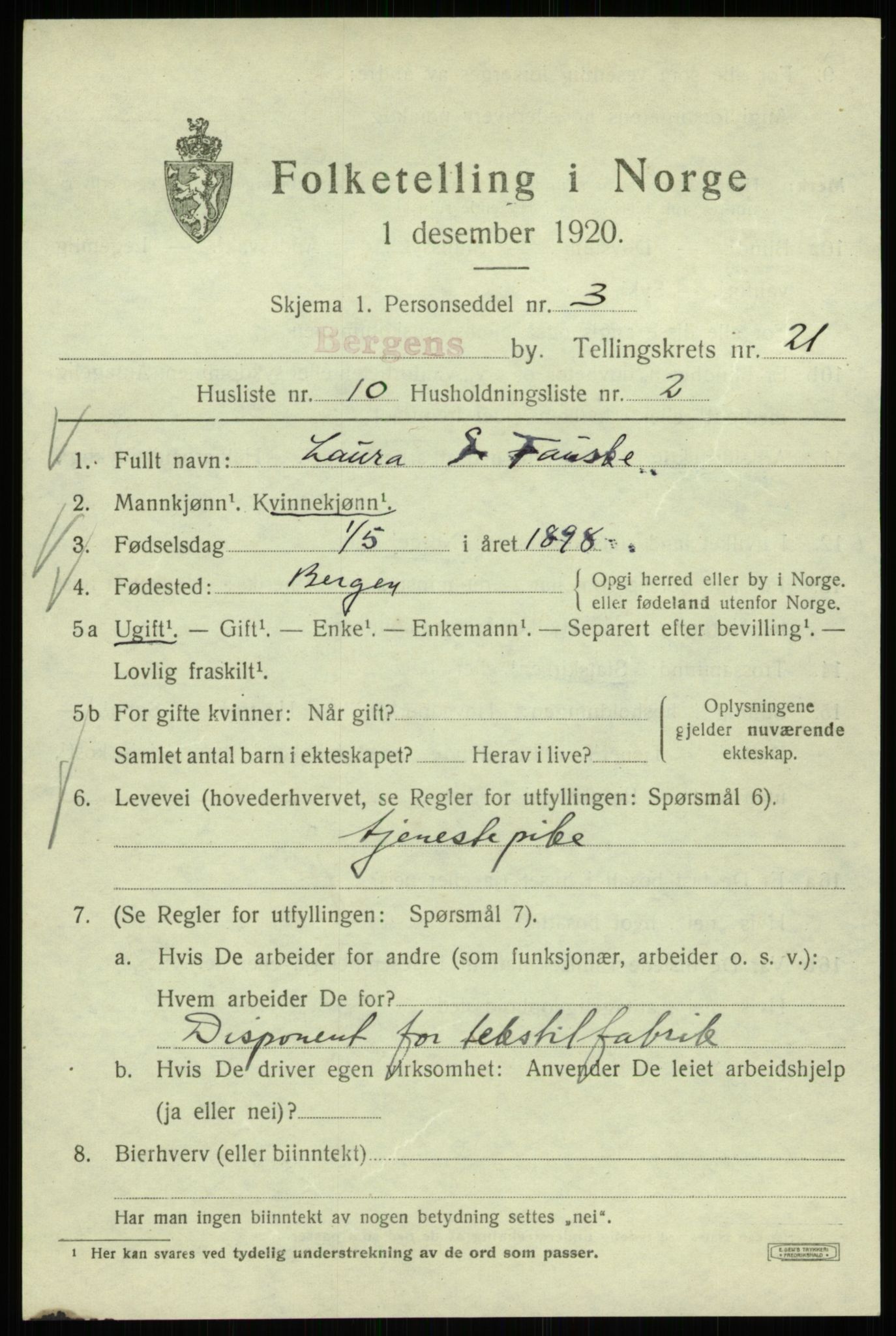 SAB, 1920 census for Bergen, 1920, p. 85065