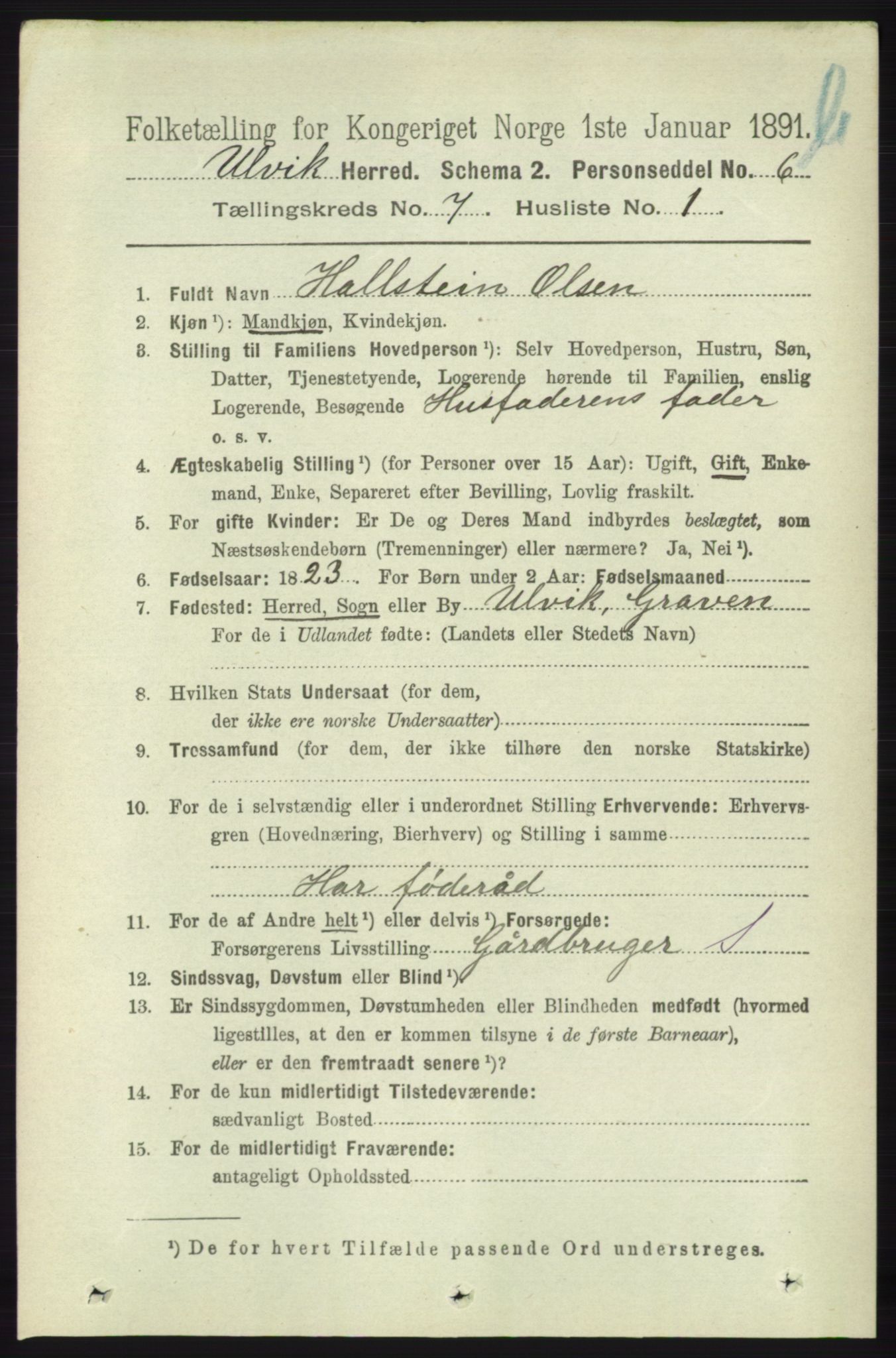 RA, 1891 census for 1233 Ulvik, 1891, p. 2275