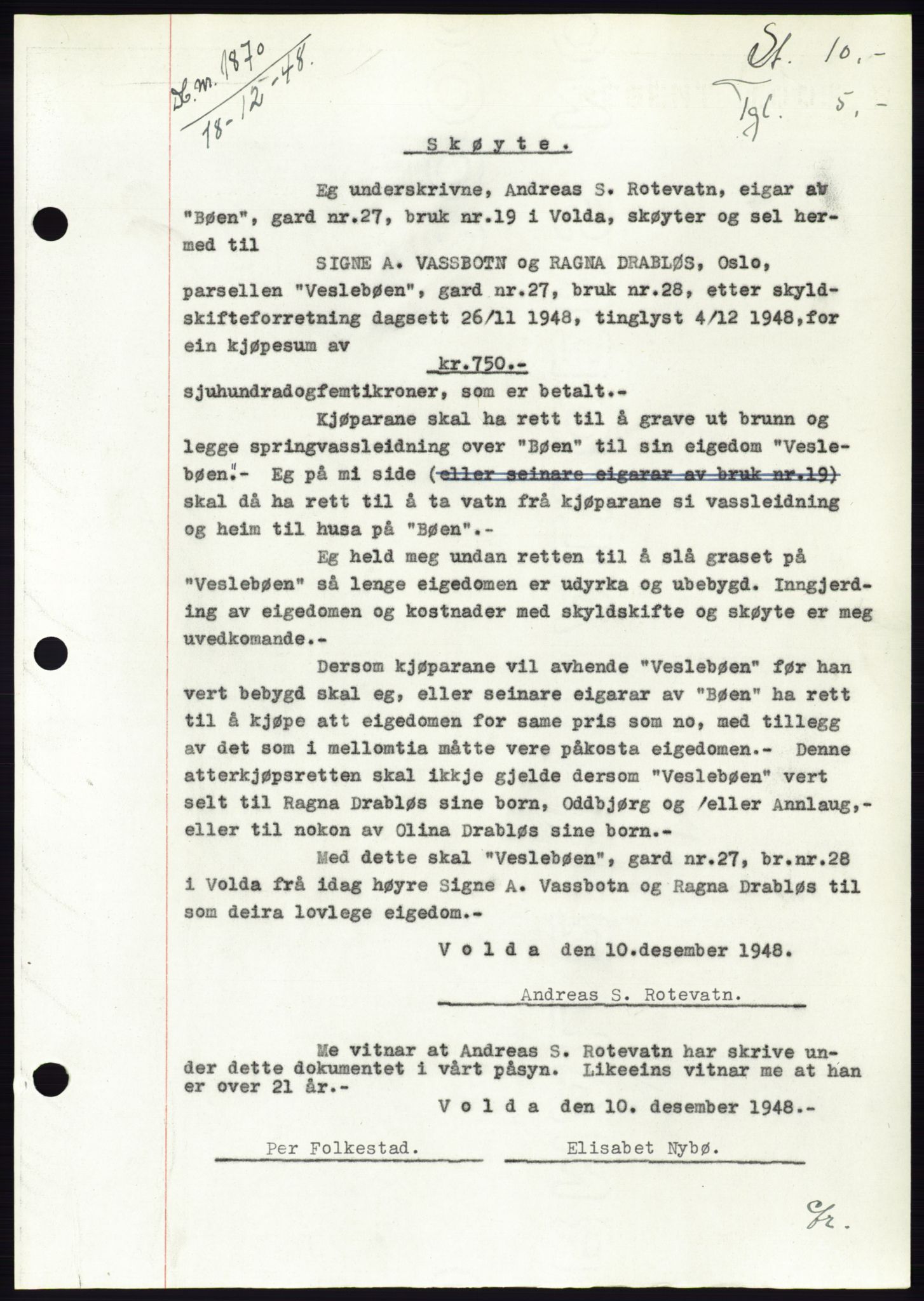 Søre Sunnmøre sorenskriveri, AV/SAT-A-4122/1/2/2C/L0083: Mortgage book no. 9A, 1948-1949, Diary no: : 1870/1948