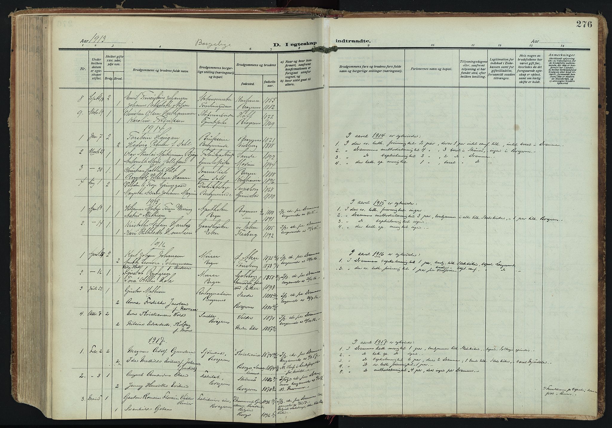 Bragernes kirkebøker, AV/SAKO-A-6/F/Fc/L0008: Parish register (official) no. III 8, 1909-1921, p. 276