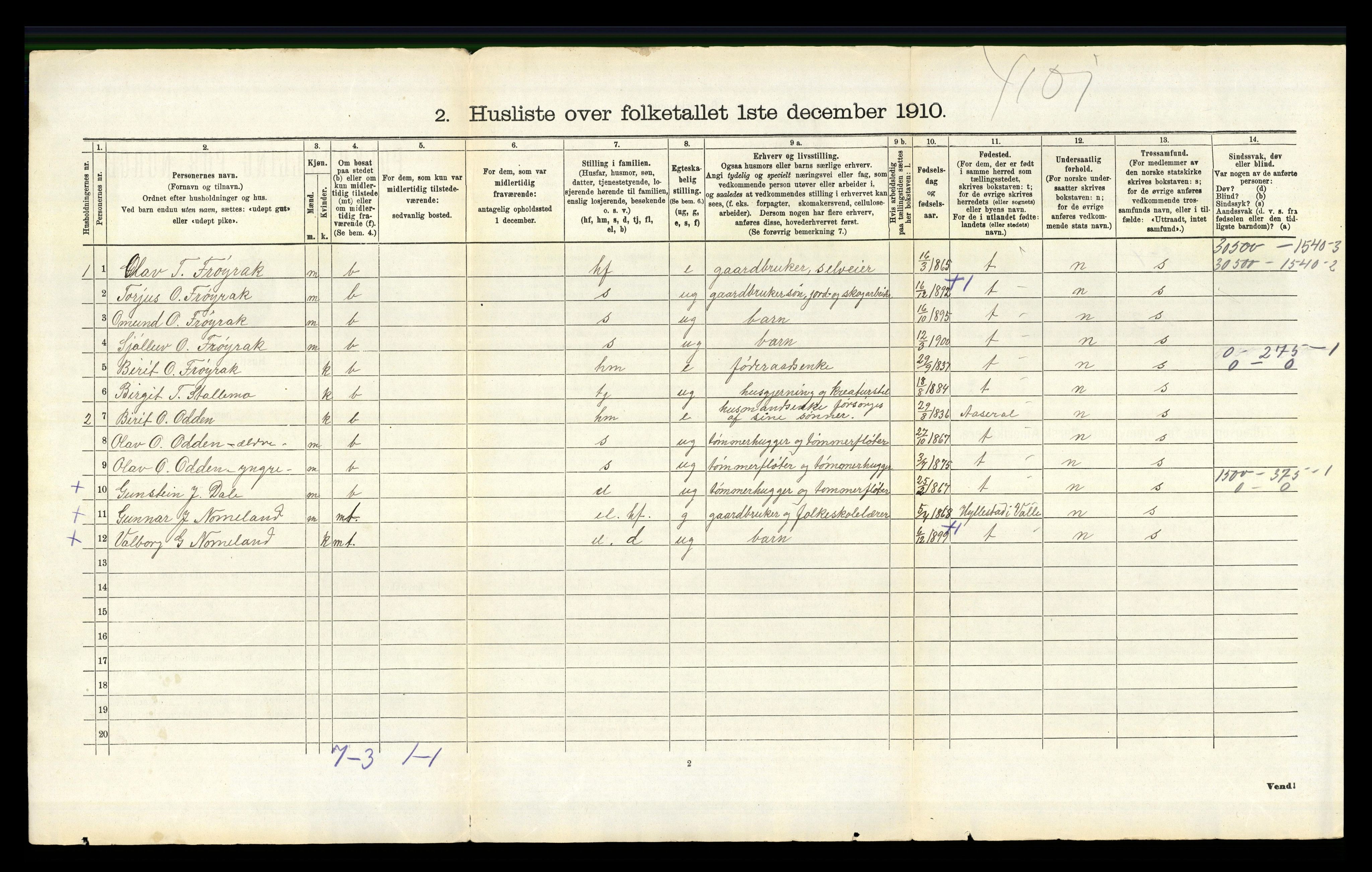 RA, 1910 census for Bygland, 1910, p. 216