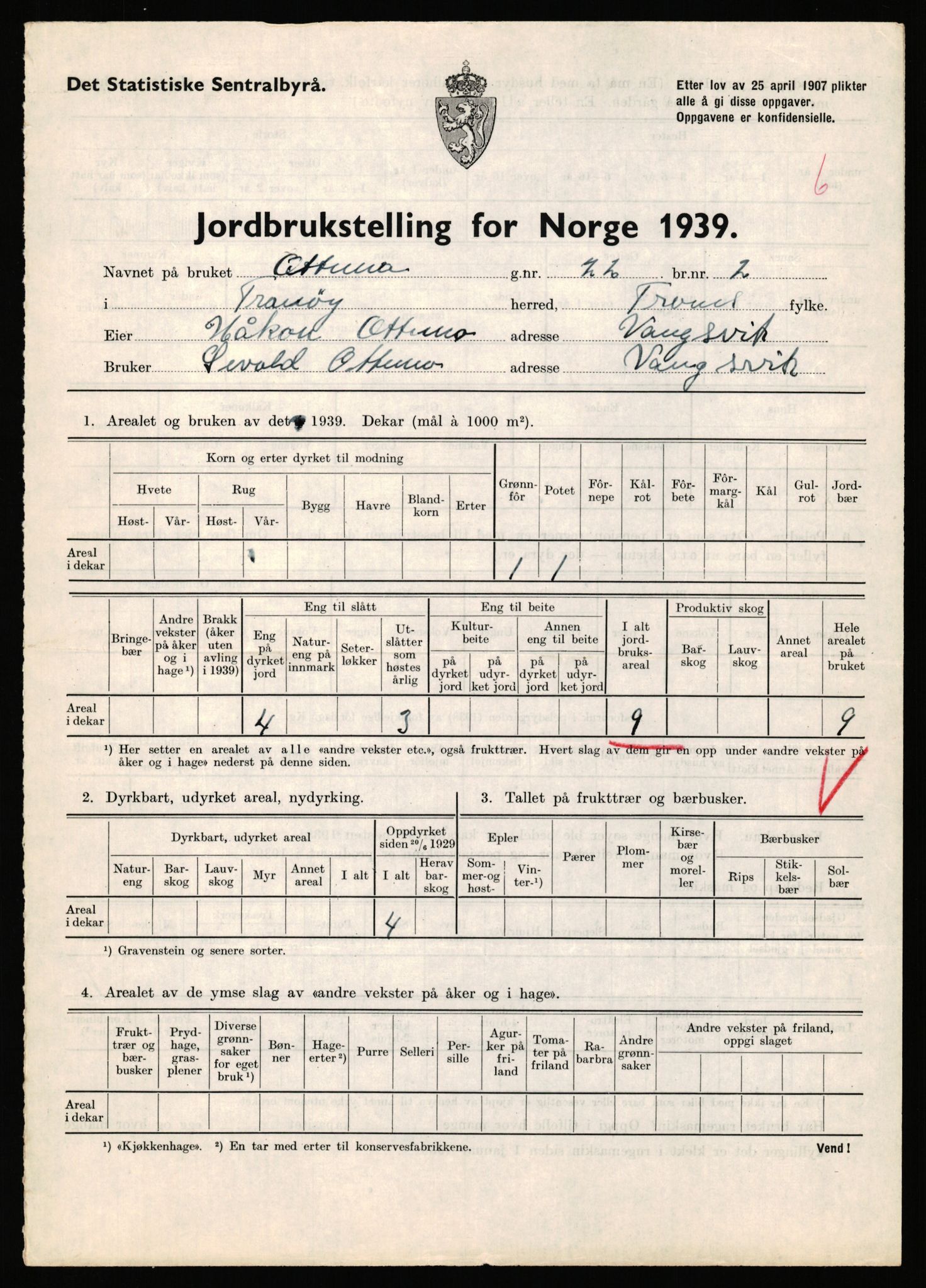 Statistisk sentralbyrå, Næringsøkonomiske emner, Jordbruk, skogbruk, jakt, fiske og fangst, AV/RA-S-2234/G/Gb/L0341: Troms: Sørreisa og Tranøy, 1939, p. 948