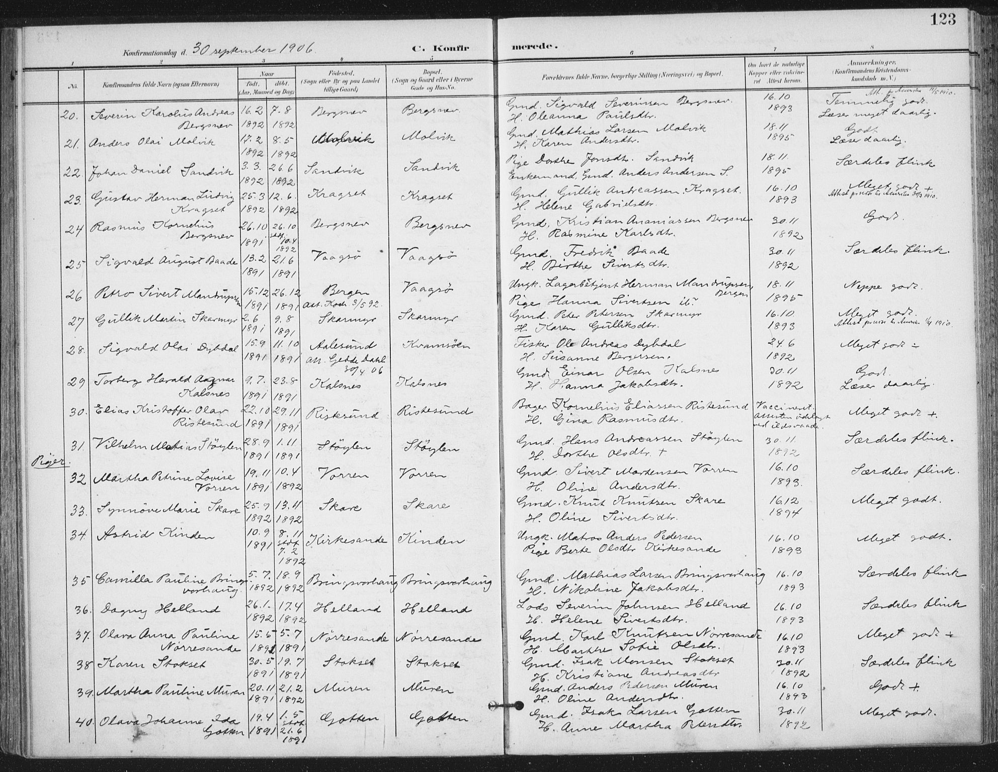 Ministerialprotokoller, klokkerbøker og fødselsregistre - Møre og Romsdal, AV/SAT-A-1454/503/L0038: Parish register (official) no. 503A06, 1901-1917, p. 123