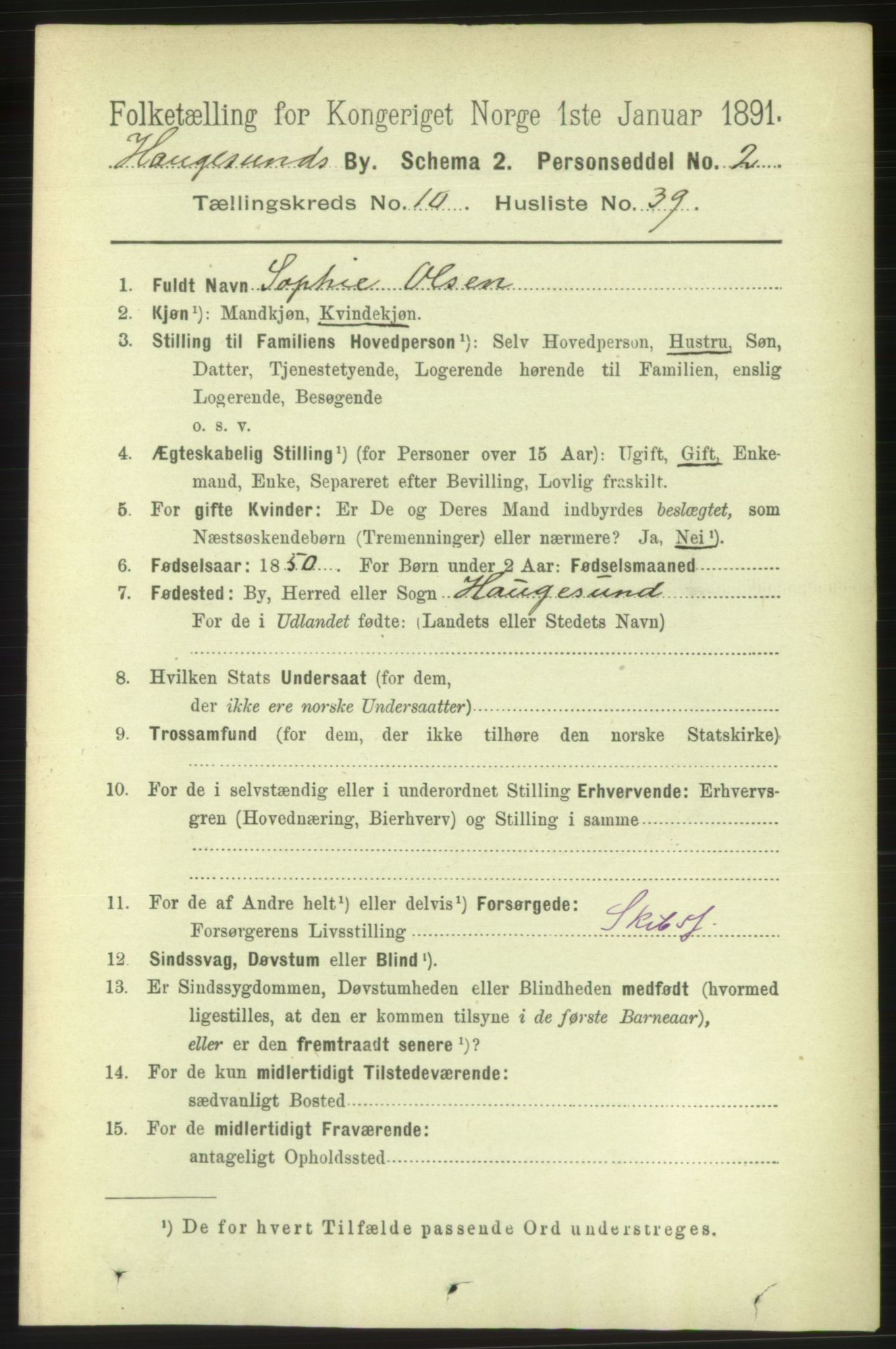 RA, 1891 census for 1106 Haugesund, 1891, p. 3937