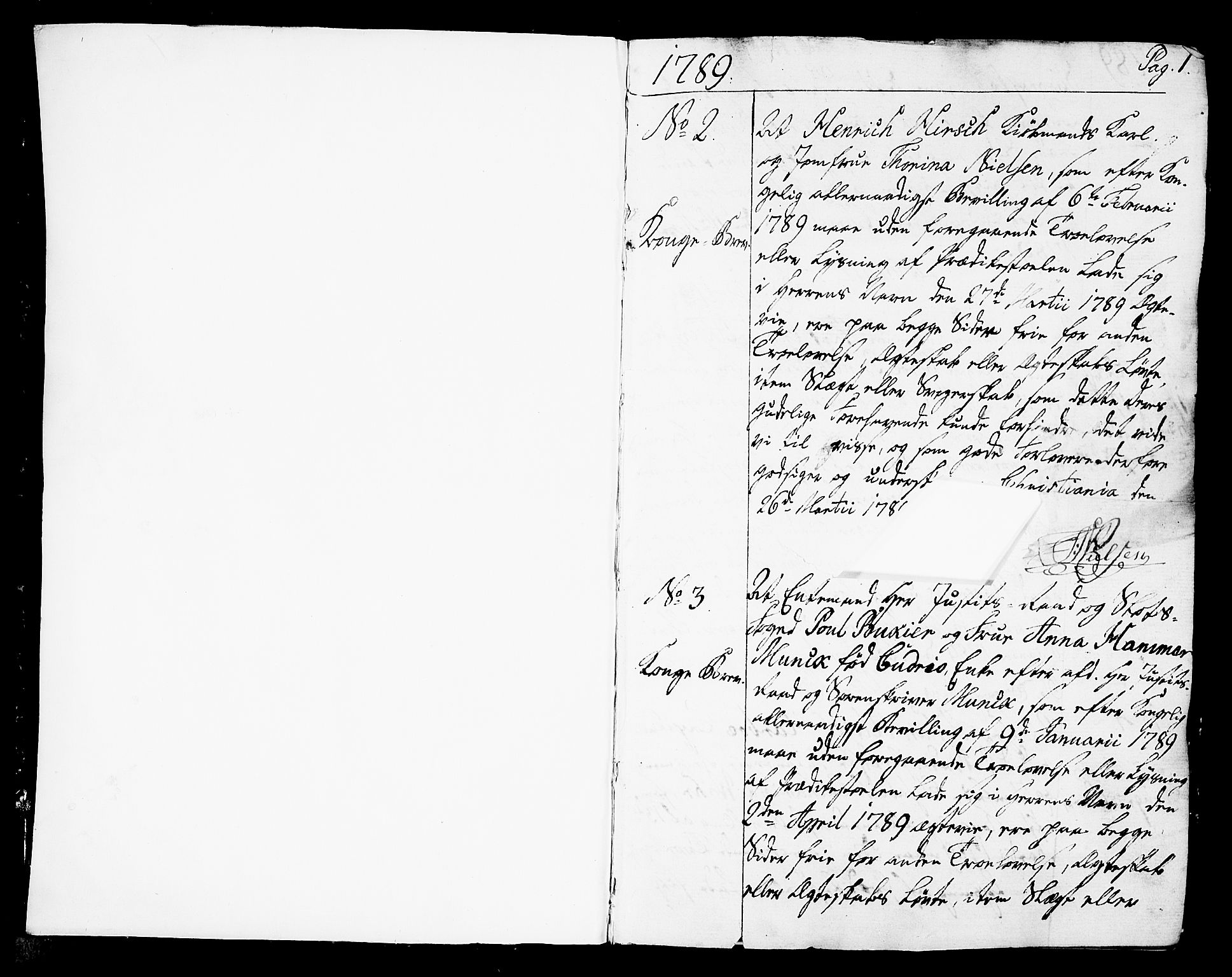 Oslo domkirke Kirkebøker, AV/SAO-A-10752/L/La/L0010: Best man's statements no. 10, 1789-1807, p. 1