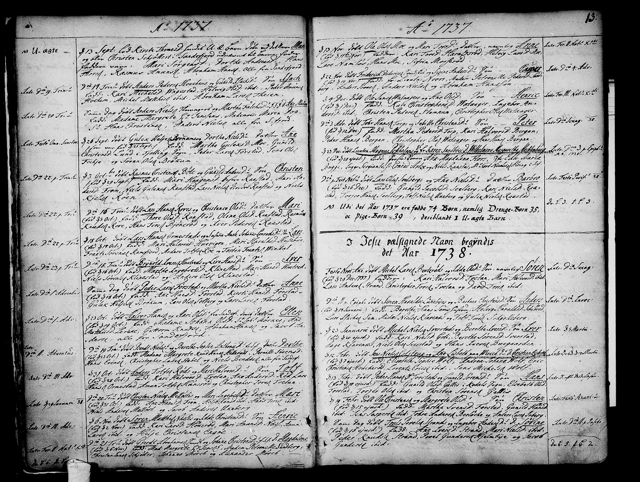Sandar kirkebøker, SAKO/A-243/F/Fa/L0002: Parish register (official) no. 2, 1733-1788, p. 13
