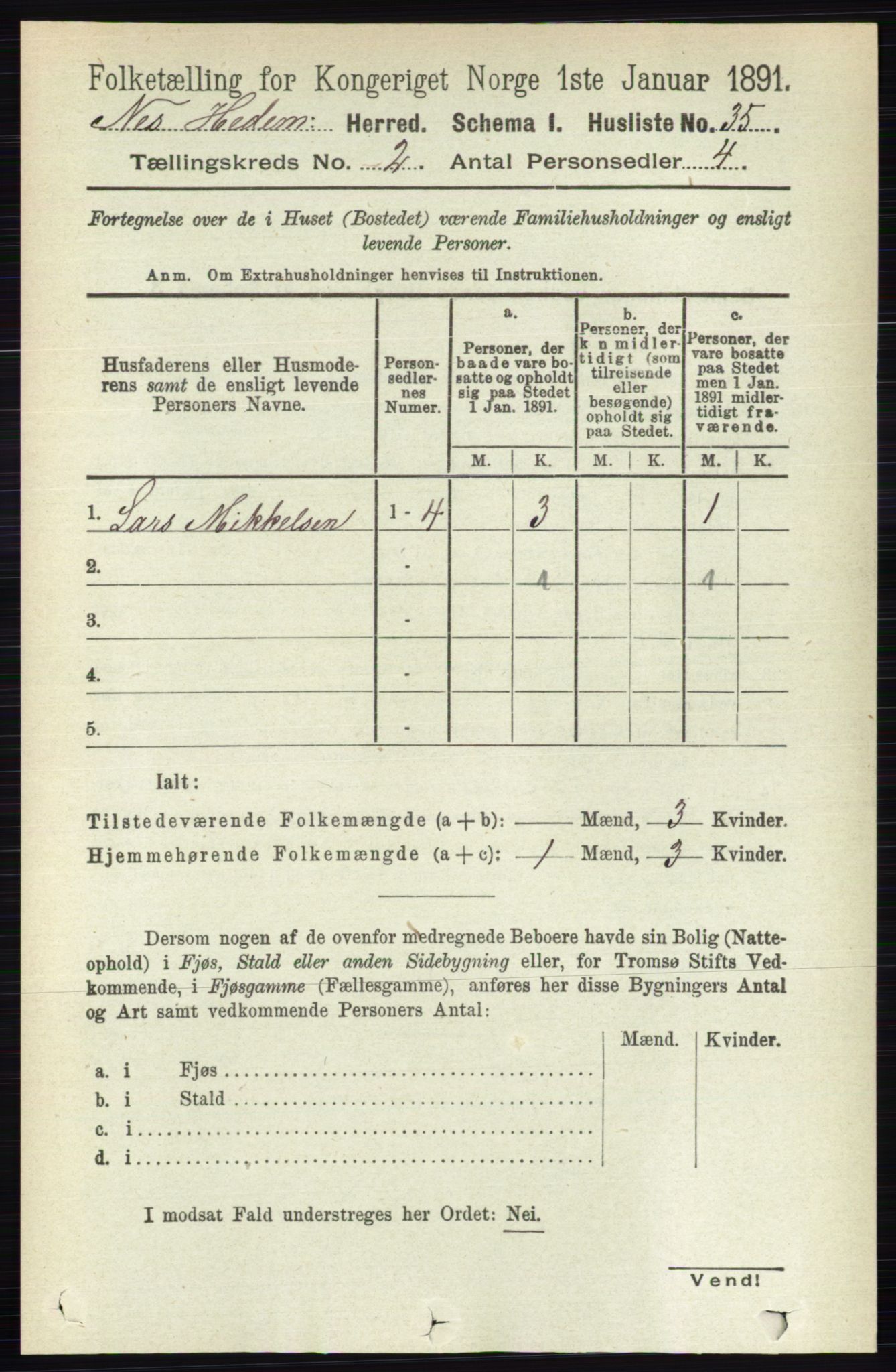 RA, 1891 census for 0411 Nes, 1891, p. 1039