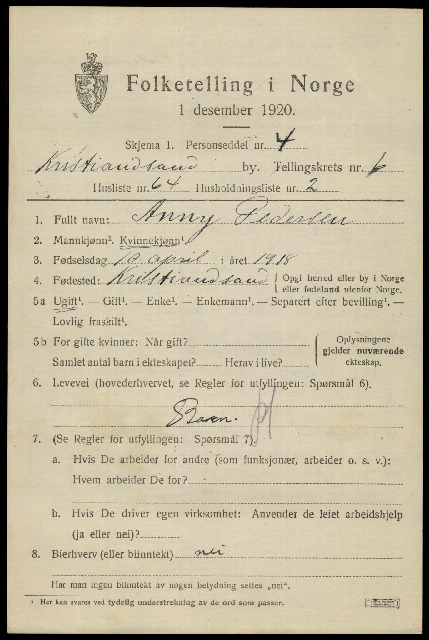 SAK, 1920 census for Kristiansand, 1920, p. 19533