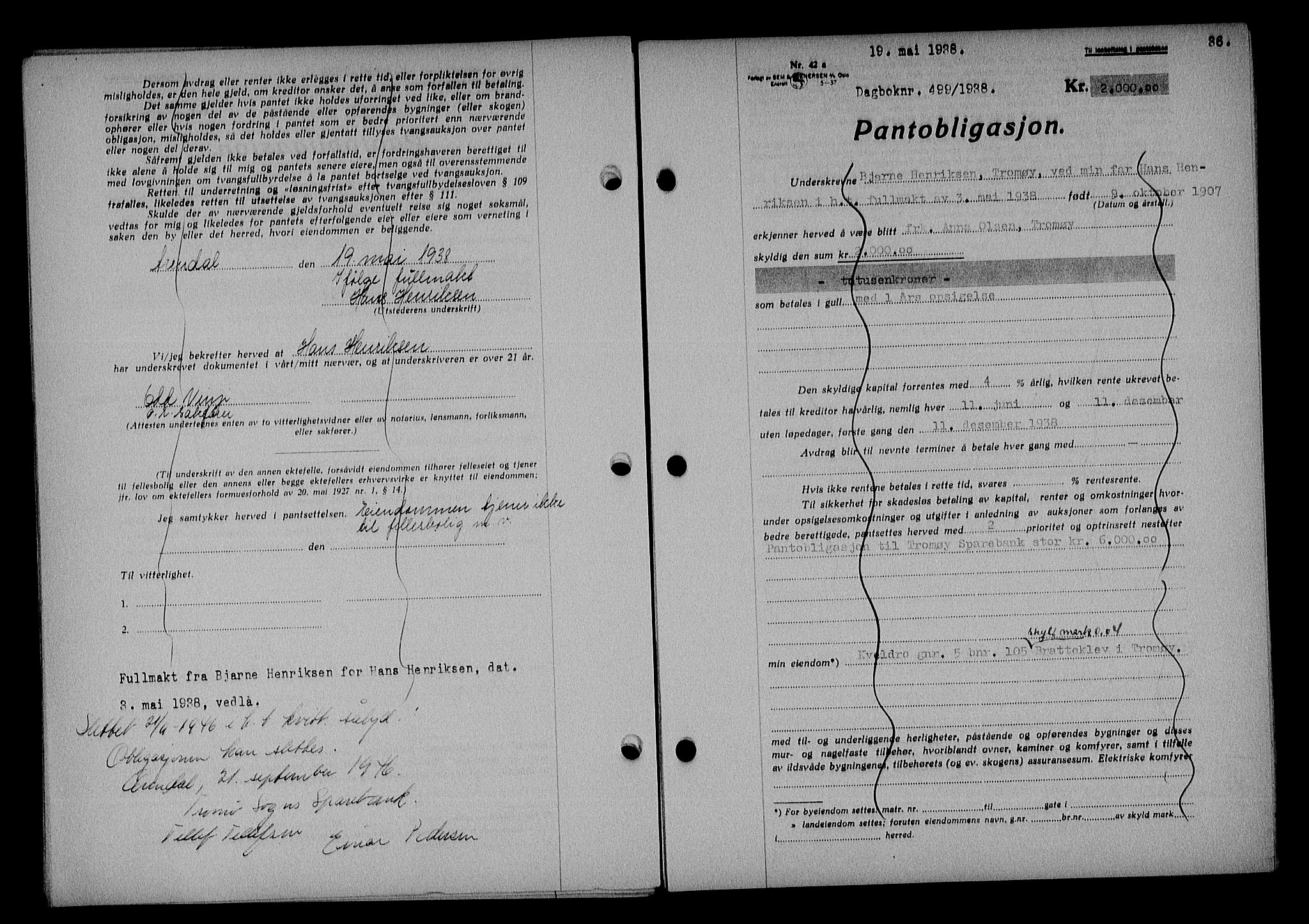 Nedenes sorenskriveri, SAK/1221-0006/G/Gb/Gba/L0045: Mortgage book no. 41, 1938-1938, Diary no: : 499/1938