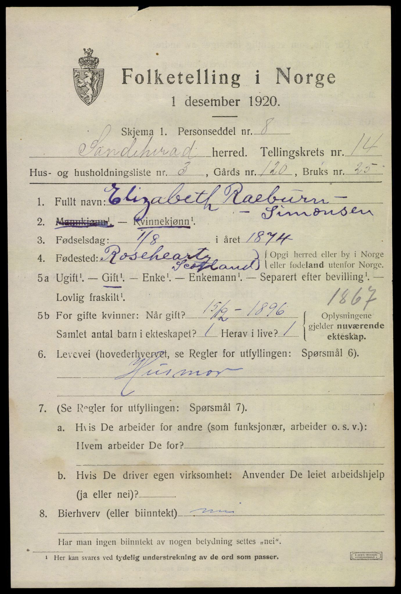 SAKO, 1920 census for Sandeherred, 1920, p. 20224