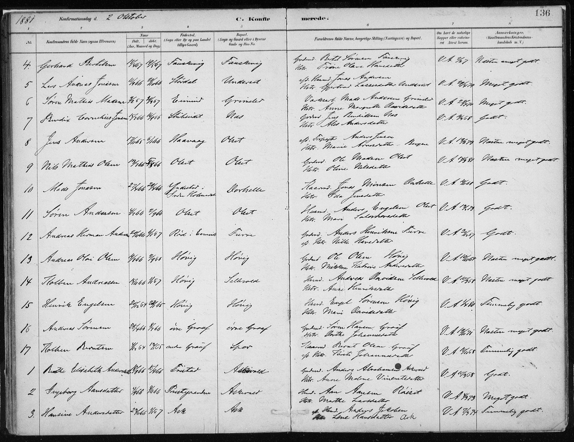 Askvoll sokneprestembete, AV/SAB-A-79501/H/Haa/Haab/L0002: Parish register (official) no. B 2, 1879-1909, p. 136