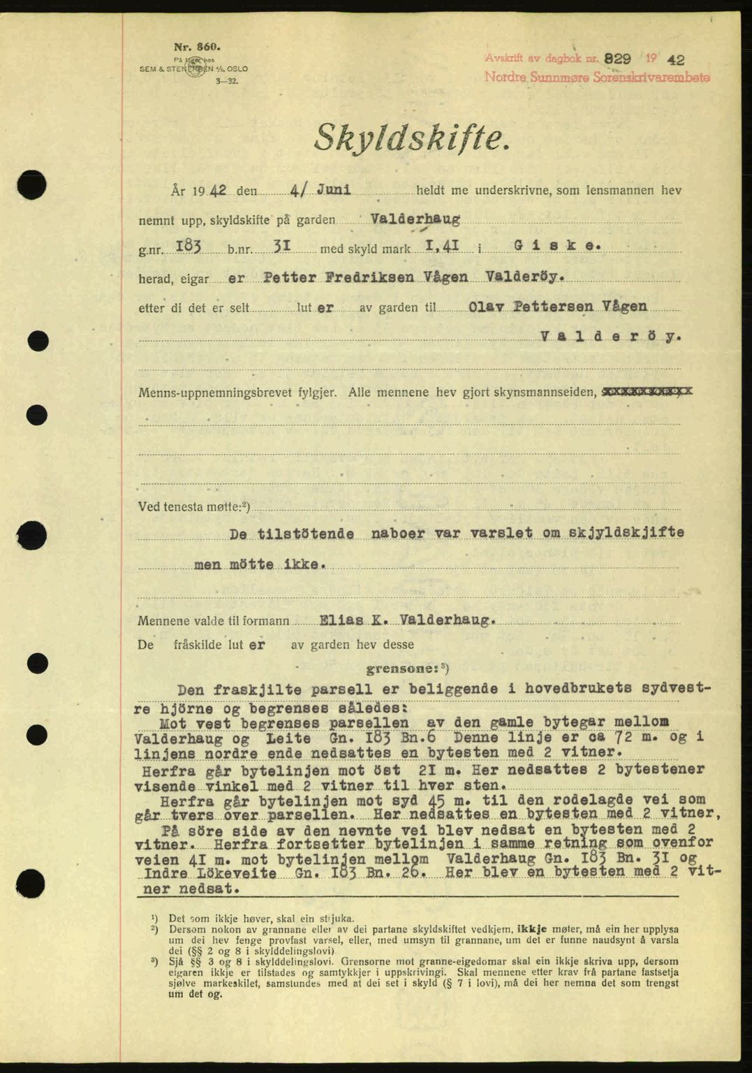 Nordre Sunnmøre sorenskriveri, AV/SAT-A-0006/1/2/2C/2Ca: Mortgage book no. A13, 1942-1942, Diary no: : 829/1942