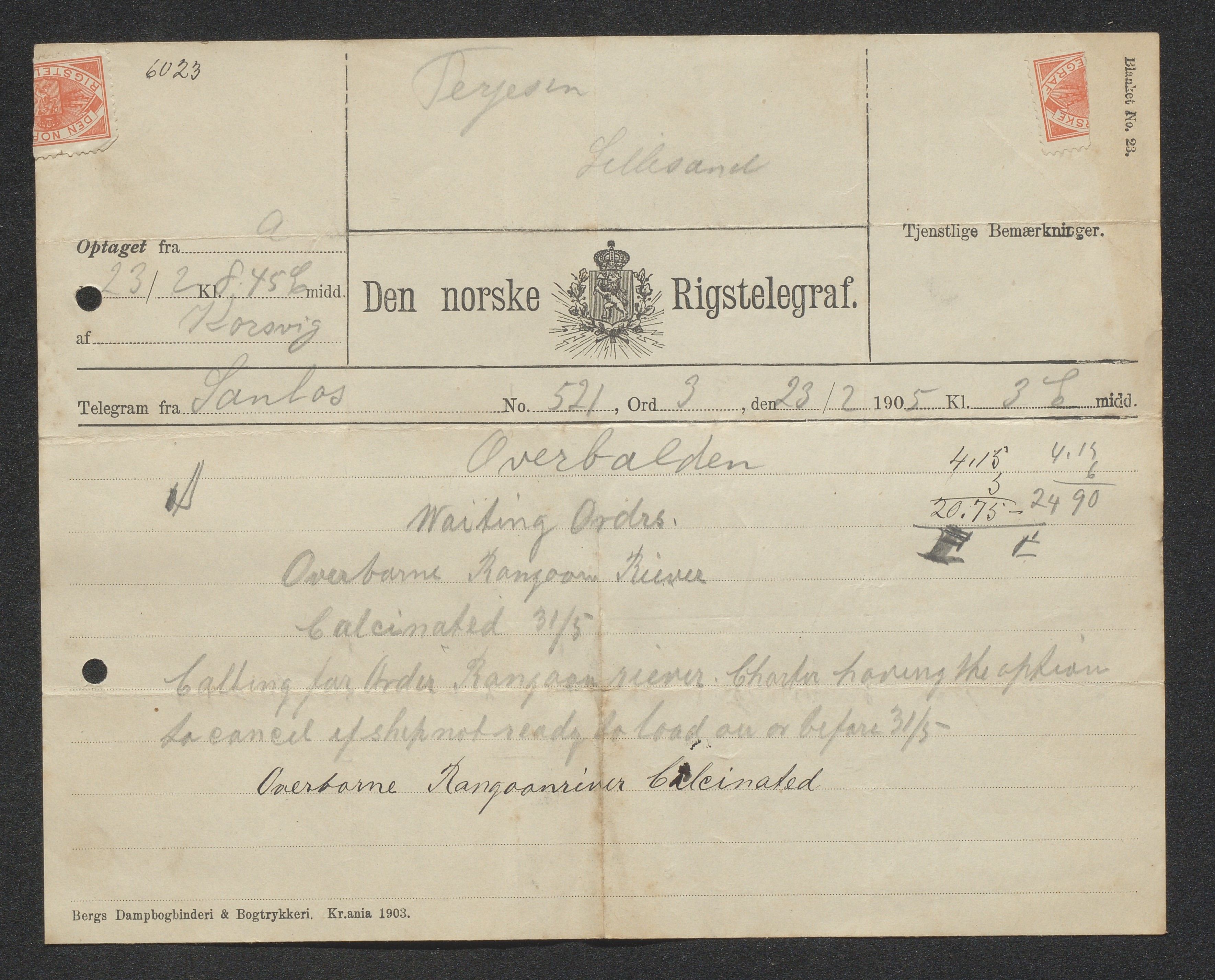 O. Terjesens rederi, AAKS/PA-2525/E/E01/L0013: Korrespondanse, 1904-1905
