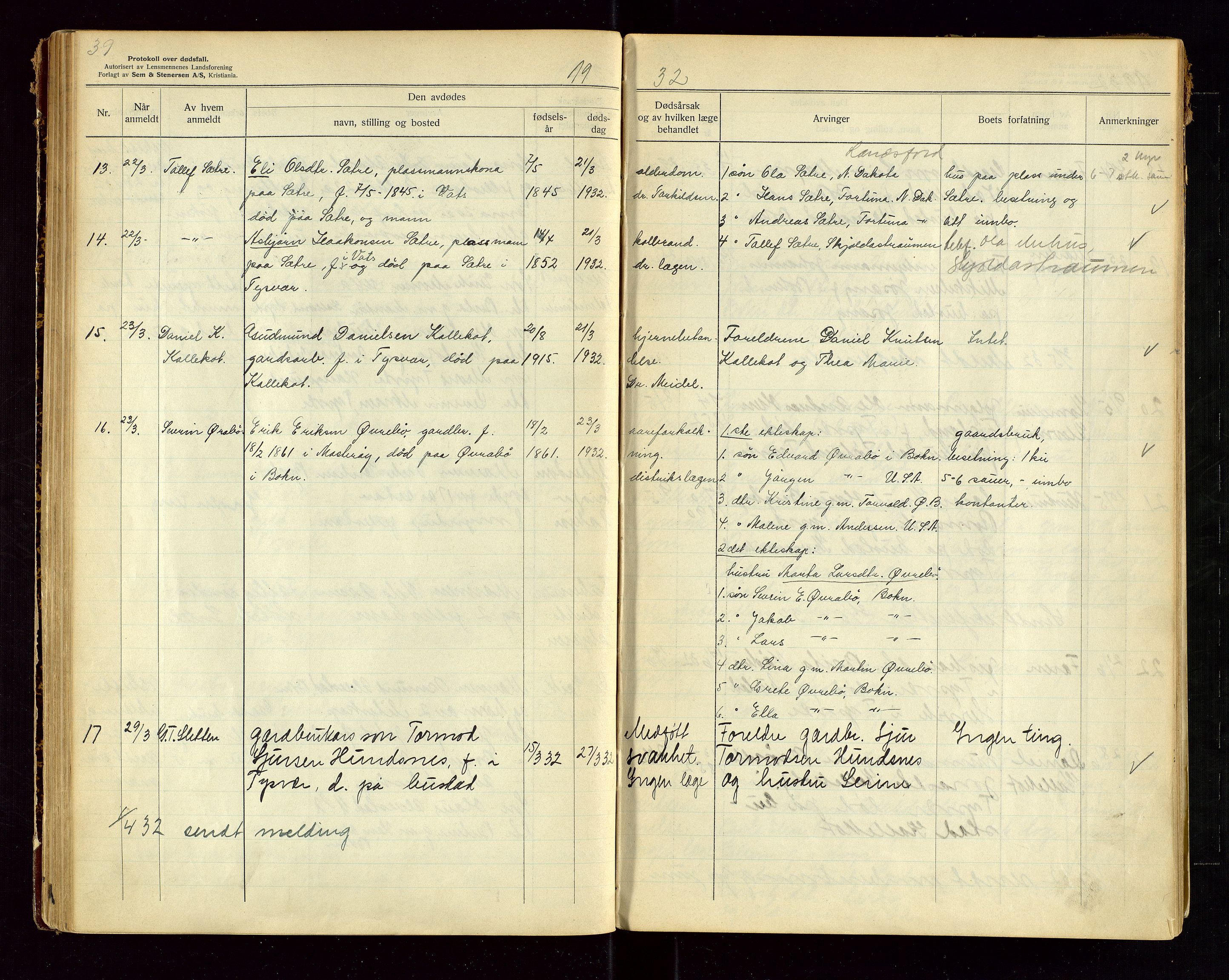 Tysvær lensmannskontor, AV/SAST-A-100192/Gga/L0004: "Protokol over anmeldte dødsfall i Tysvær lensmanndsdistrikt" med register, 1927-1949, p. 39