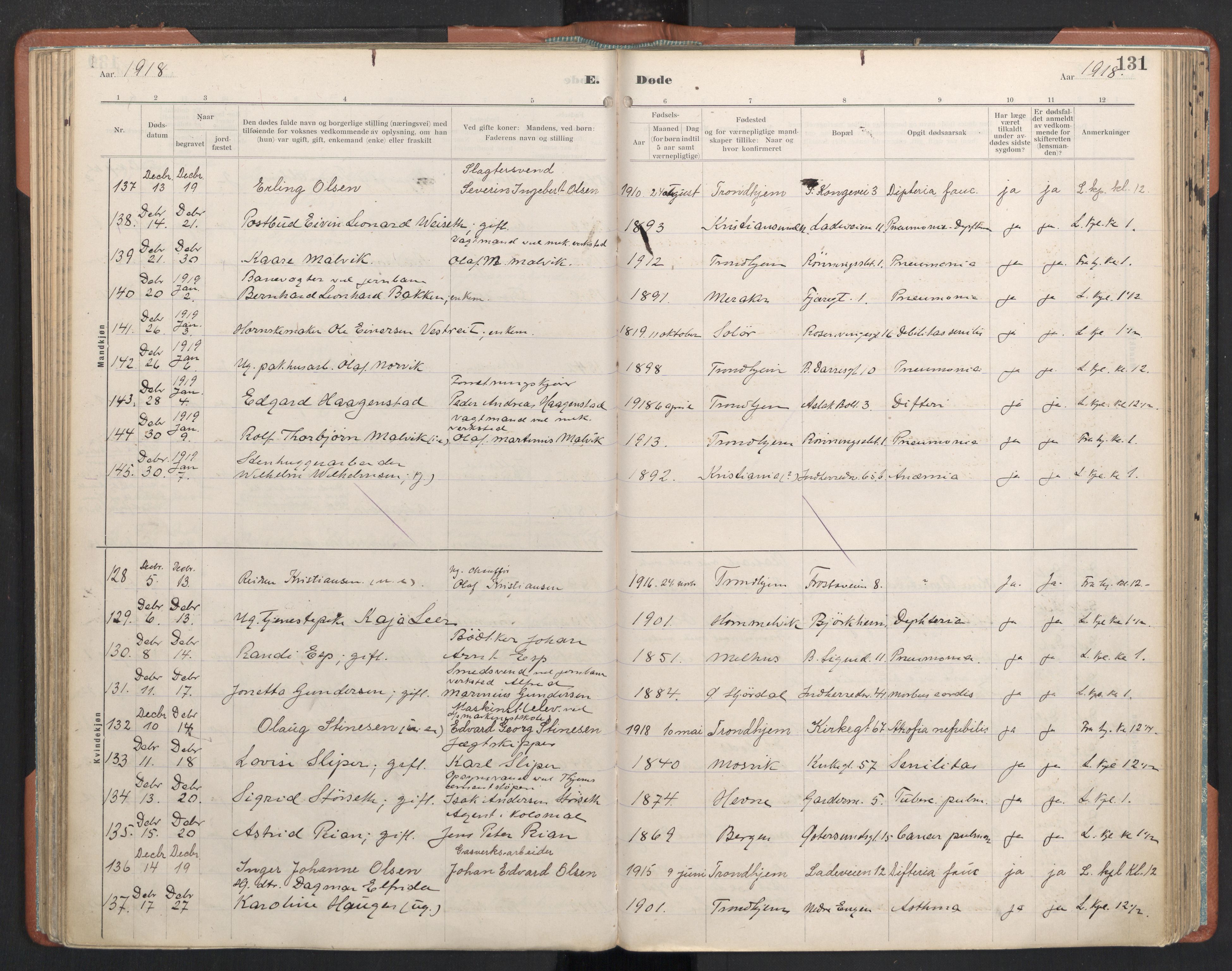 Ministerialprotokoller, klokkerbøker og fødselsregistre - Sør-Trøndelag, SAT/A-1456/605/L0245: Parish register (official) no. 605A07, 1916-1938, p. 131