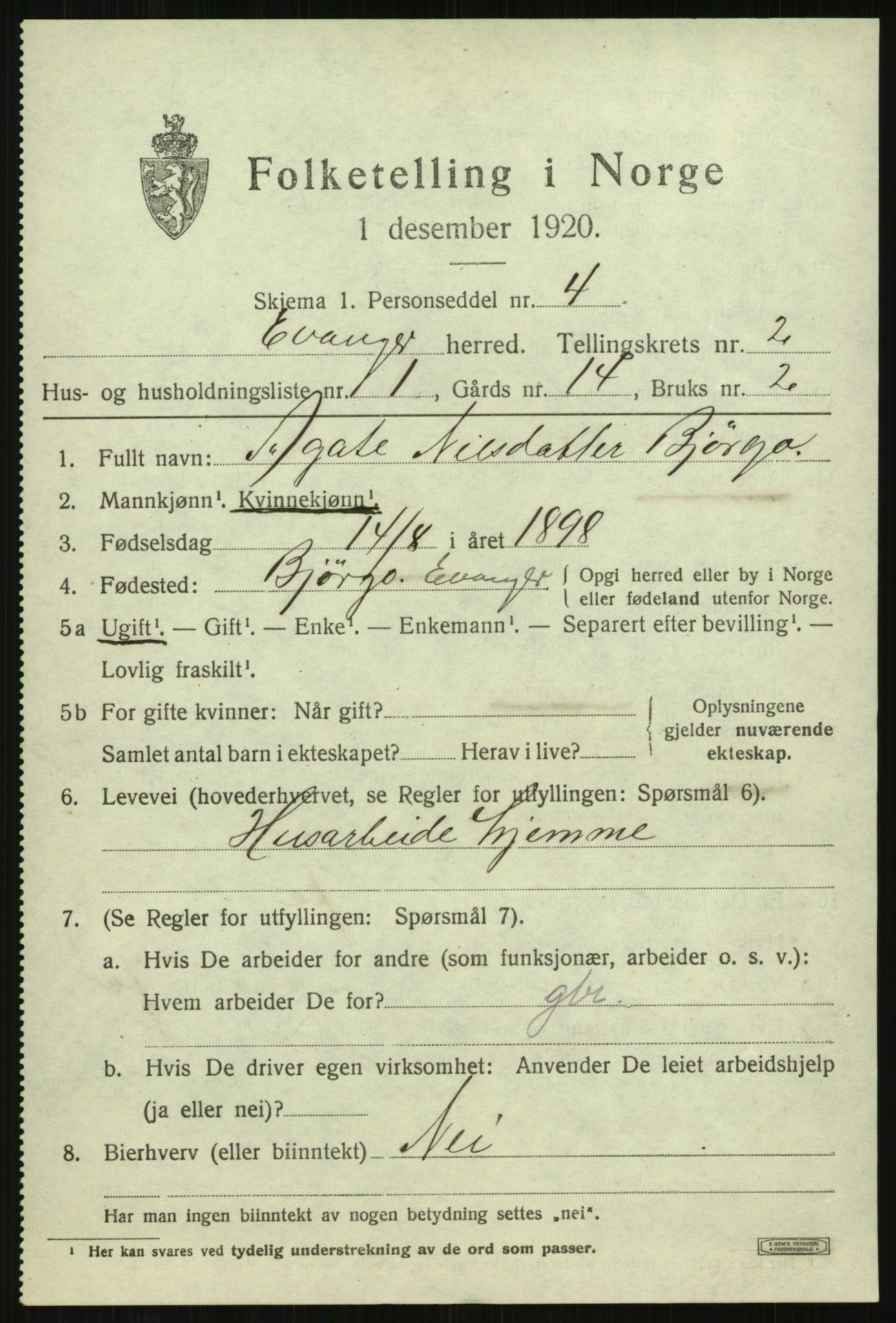 SAB, 1920 census for Evanger, 1920, p. 951