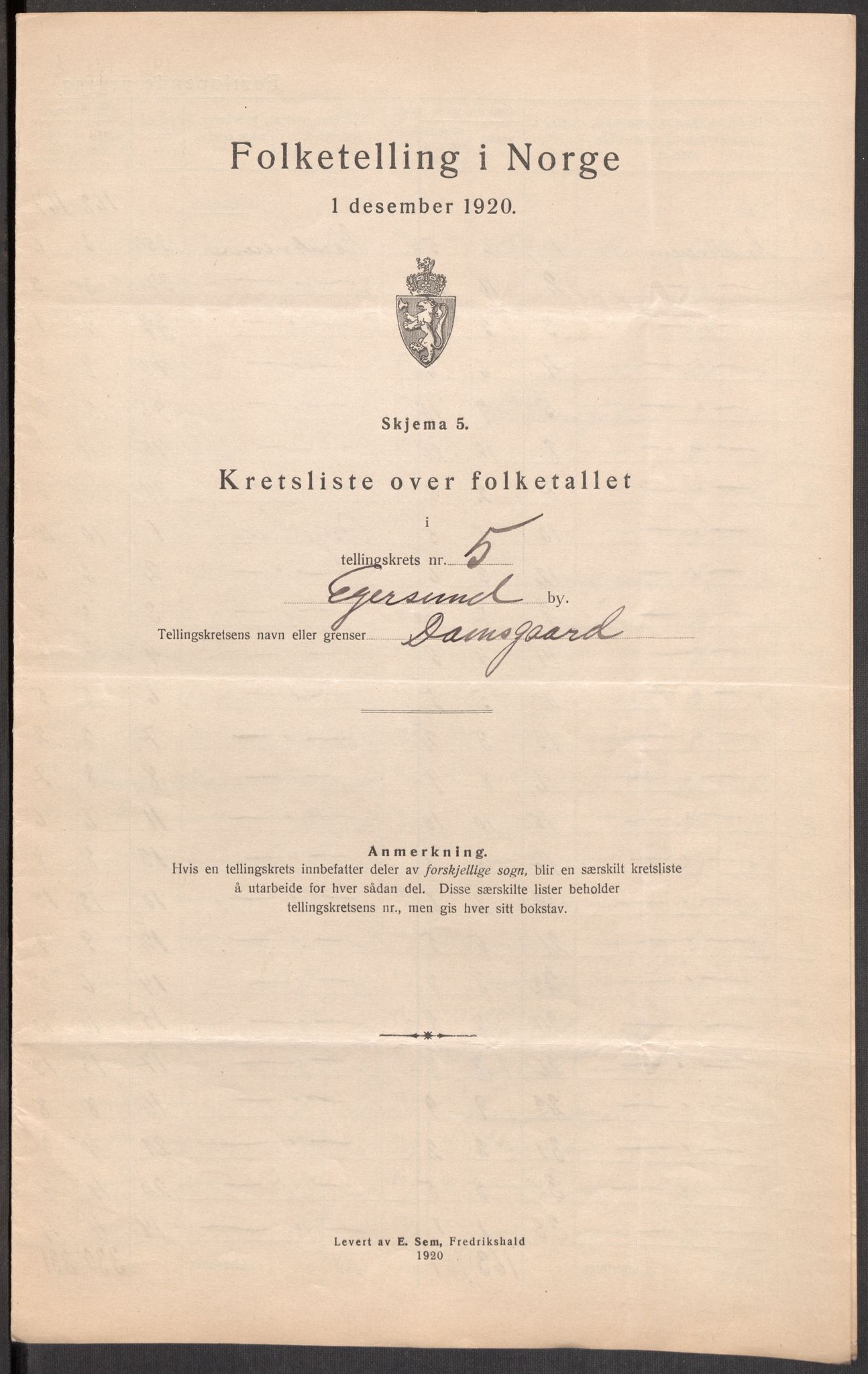 SAST, 1920 census for Egersund town, 1920, p. 19