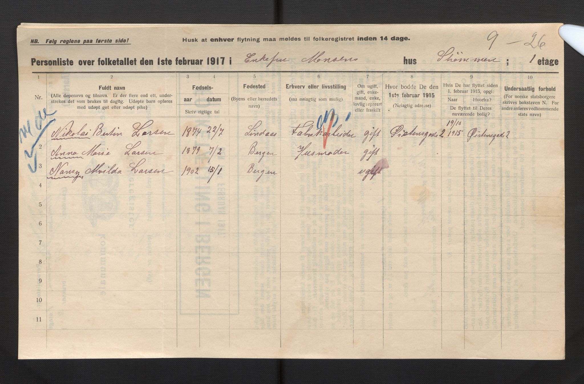 SAB, Municipal Census 1917 for Bergen, 1917, p. 50386