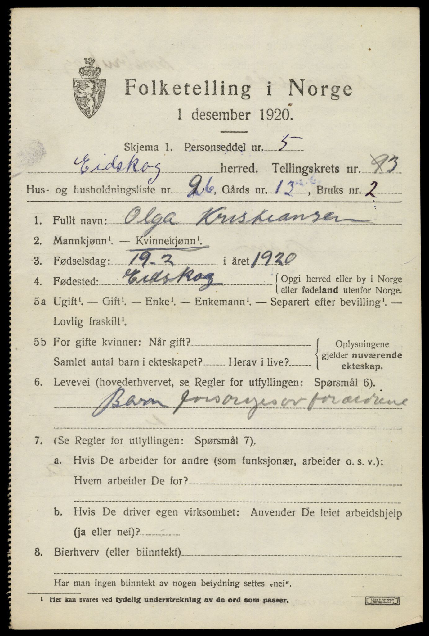 SAH, 1920 census for Eidskog, 1920, p. 4343