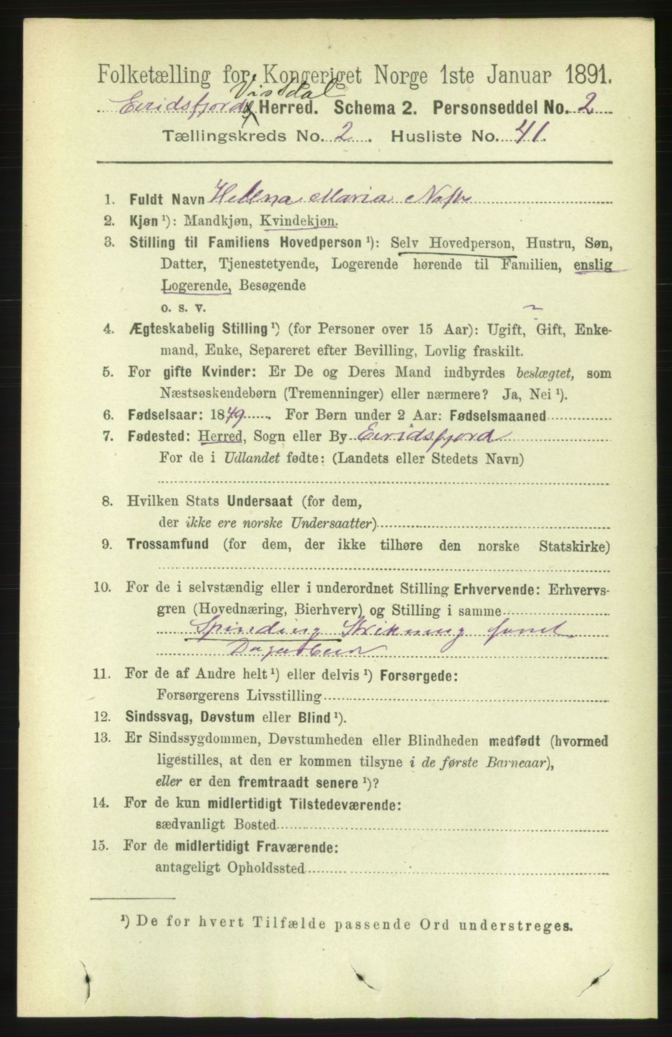 RA, 1891 census for 1542 Eresfjord og Vistdal, 1891, p. 543