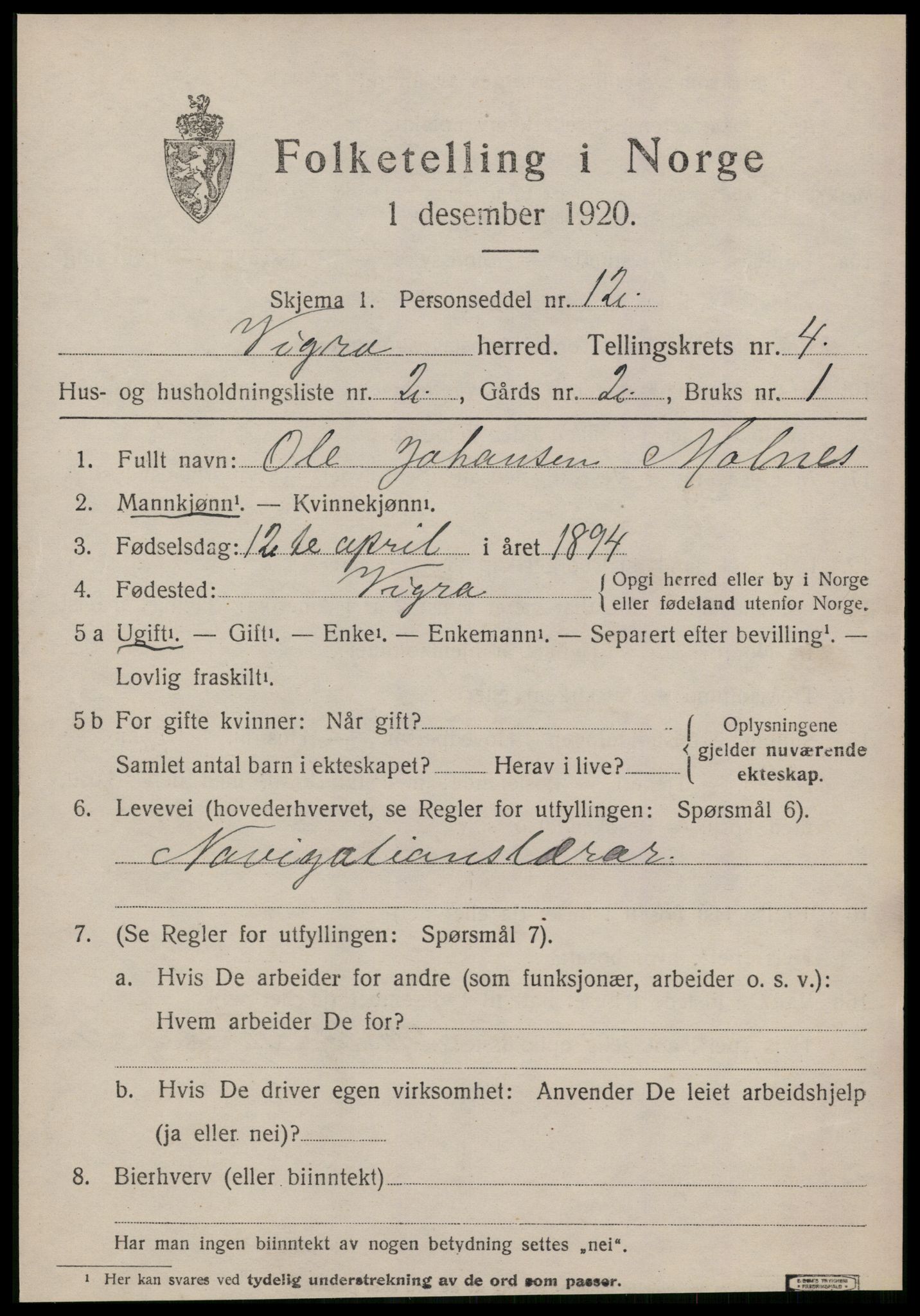 SAT, 1920 census for Vigra, 1920, p. 1770