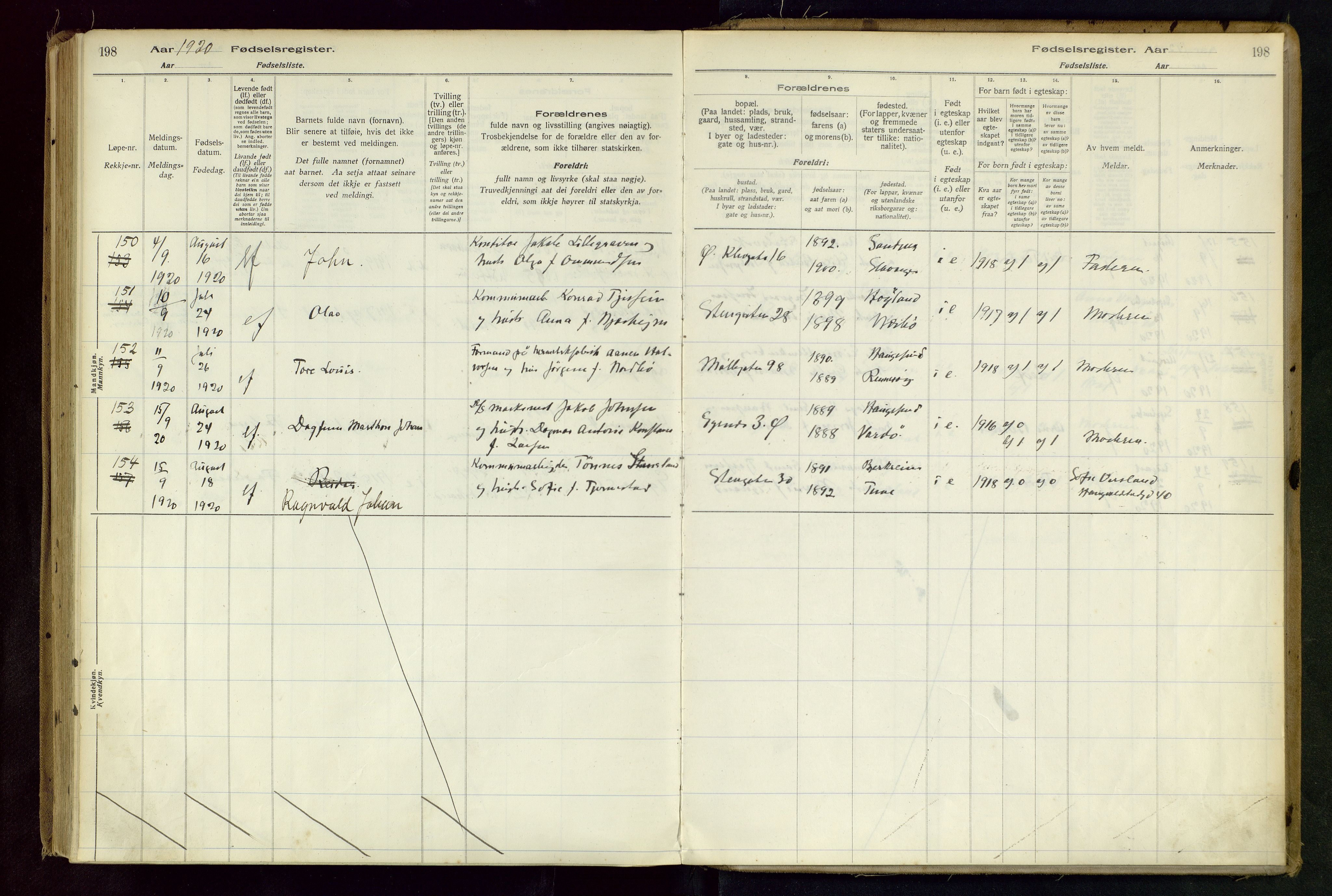 Domkirken sokneprestkontor, AV/SAST-A-101812/002/B/L0001: Birth register no. 1, 1916-1920, p. 198