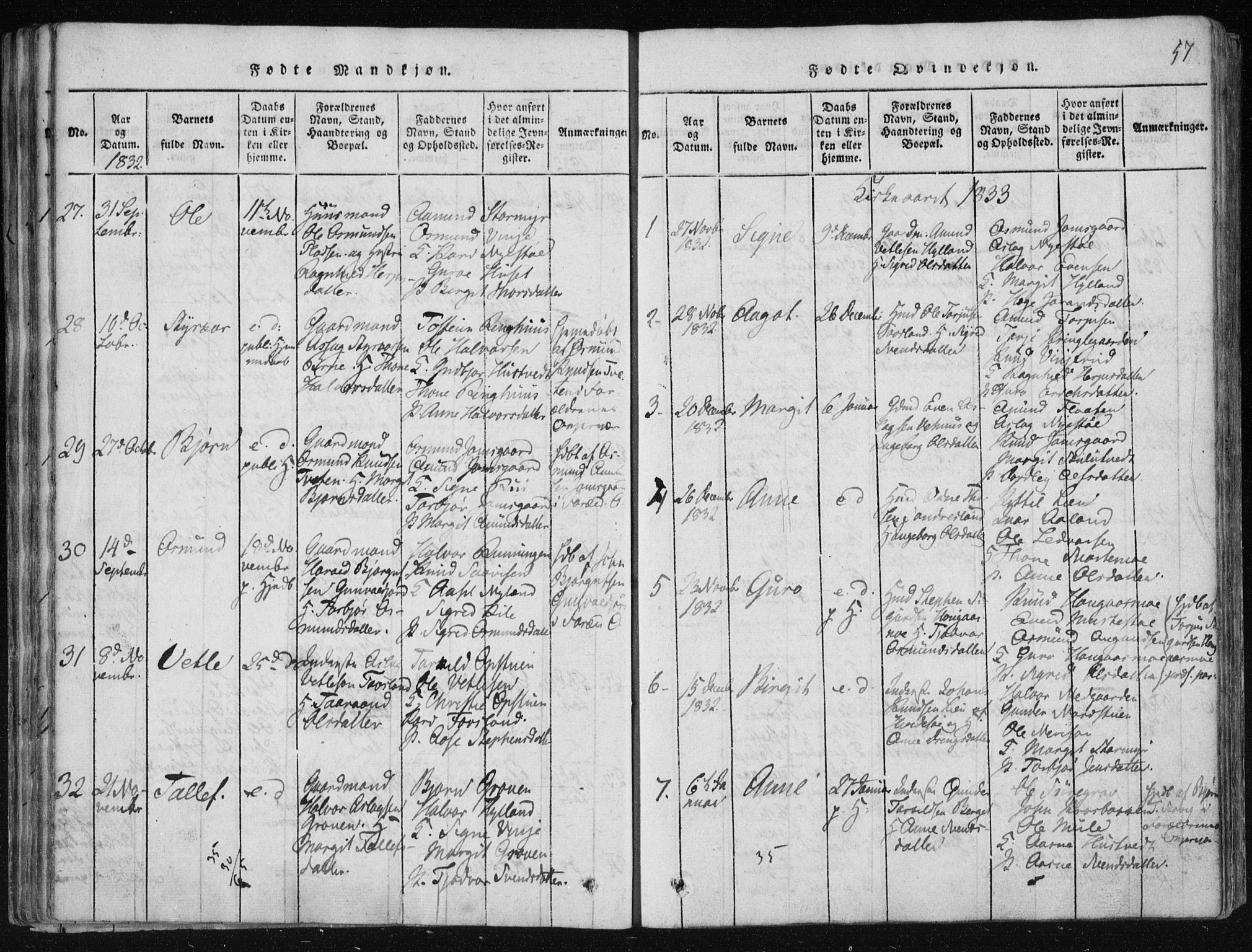 Vinje kirkebøker, SAKO/A-312/F/Fa/L0003: Parish register (official) no. I 3, 1814-1843, p. 57