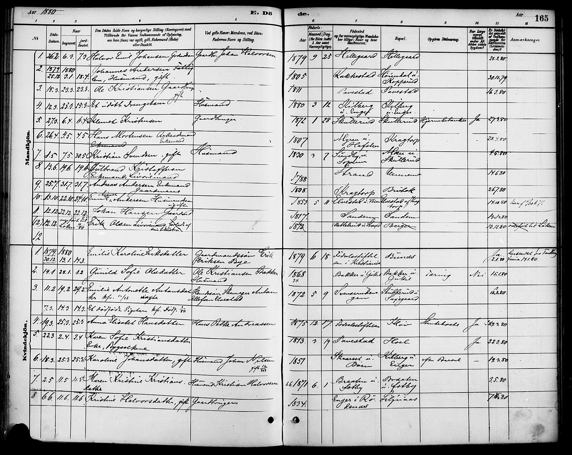 Høland prestekontor Kirkebøker, SAO/A-10346a/F/Fb/L0001: Parish register (official) no. II 1, 1880-1897, p. 165
