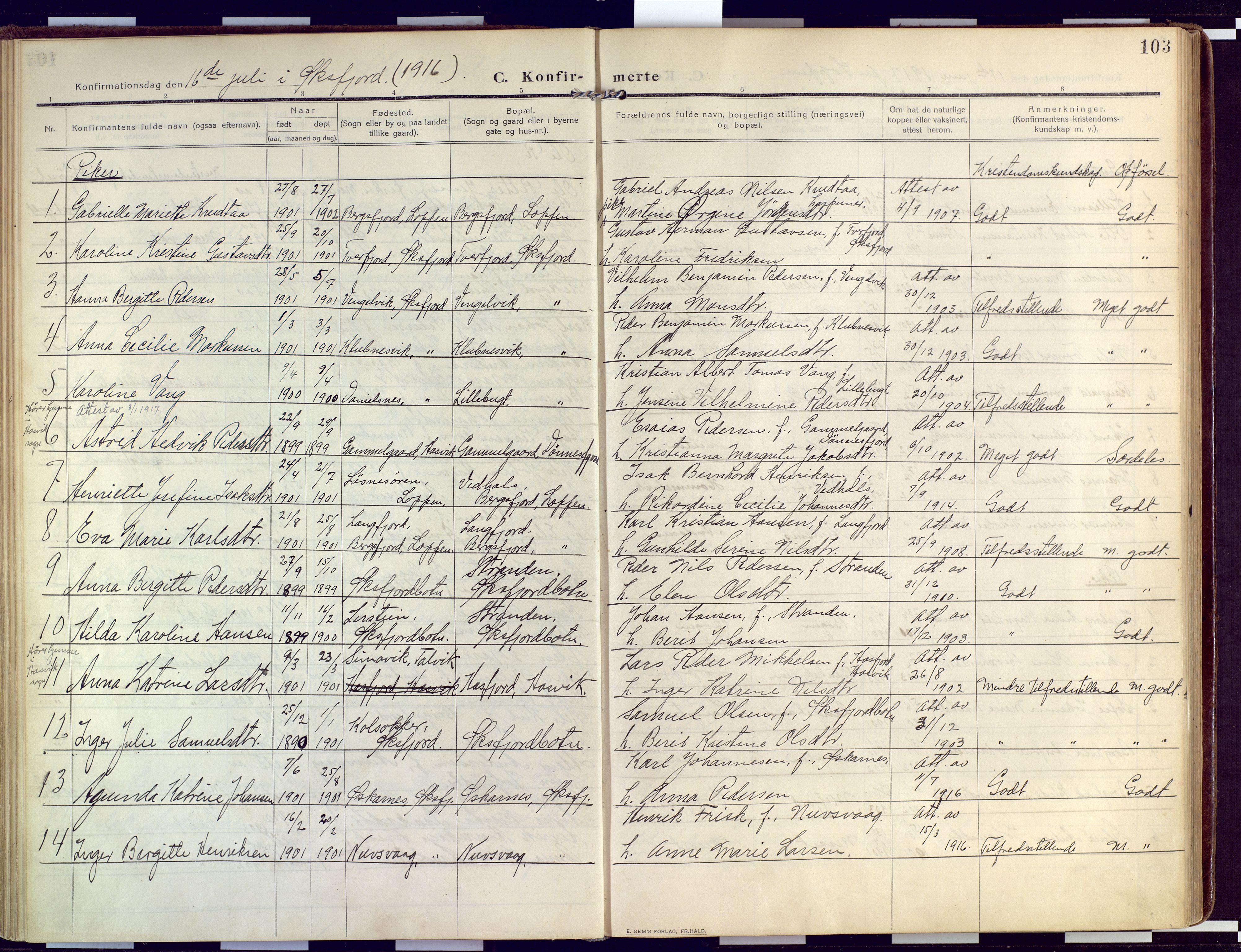 Loppa sokneprestkontor, SATØ/S-1339/H/Ha/L0011kirke: Parish register (official) no. 11, 1909-1919, p. 103