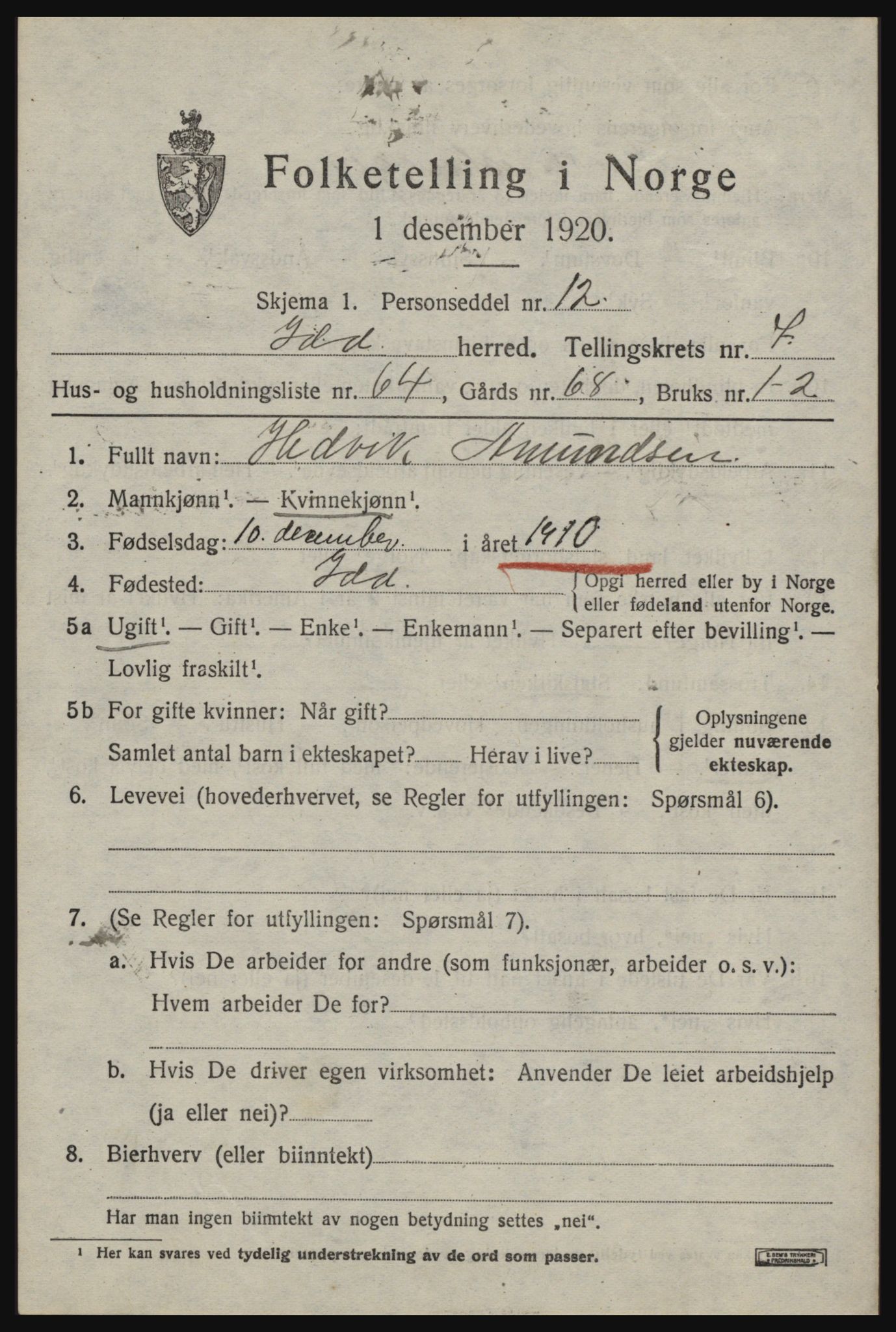 SAO, 1920 census for Idd, 1920, p. 9525