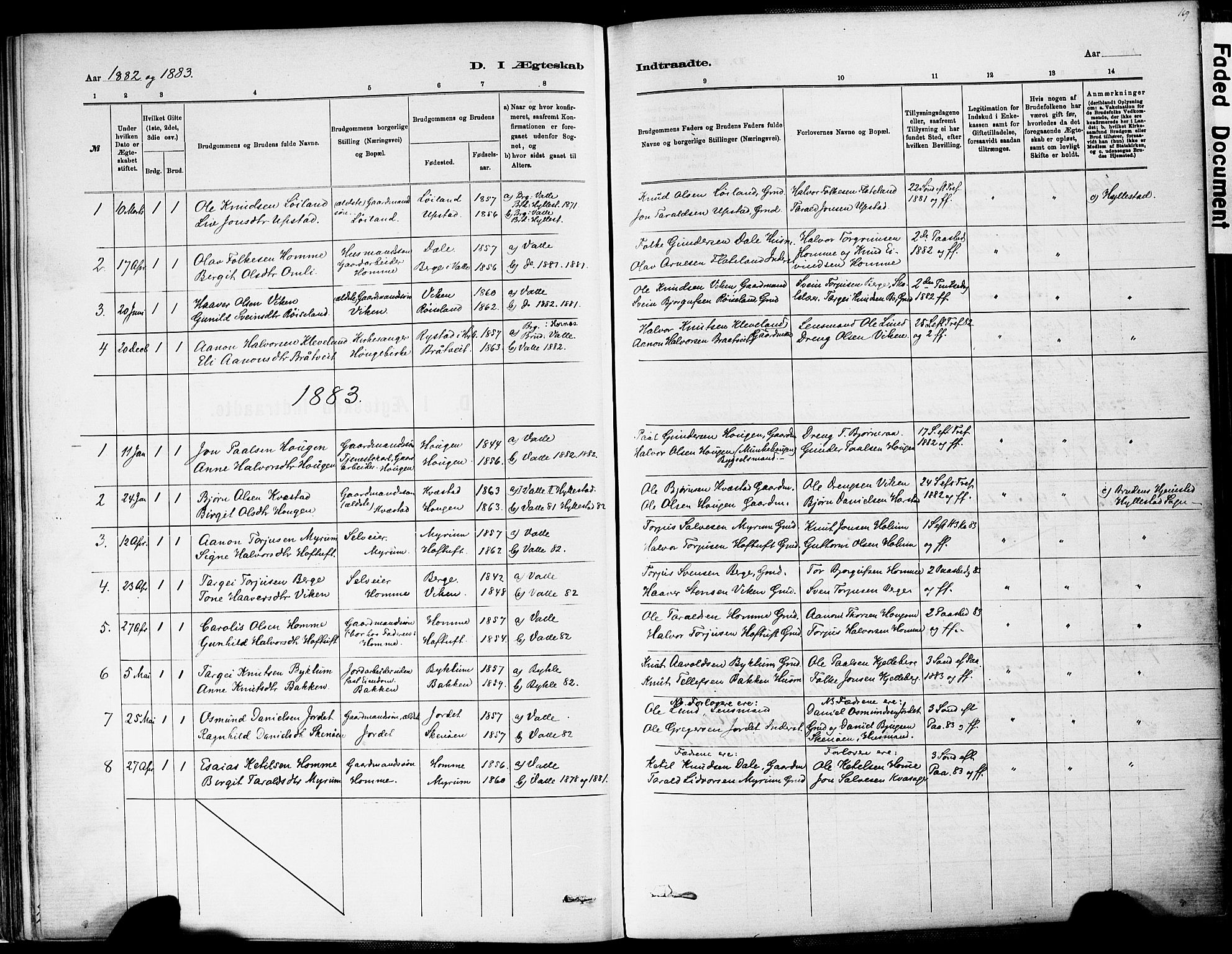 Valle sokneprestkontor, SAK/1111-0044/F/Fa/Fac/L0009: Parish register (official) no. A 9, 1882-1913, p. 169