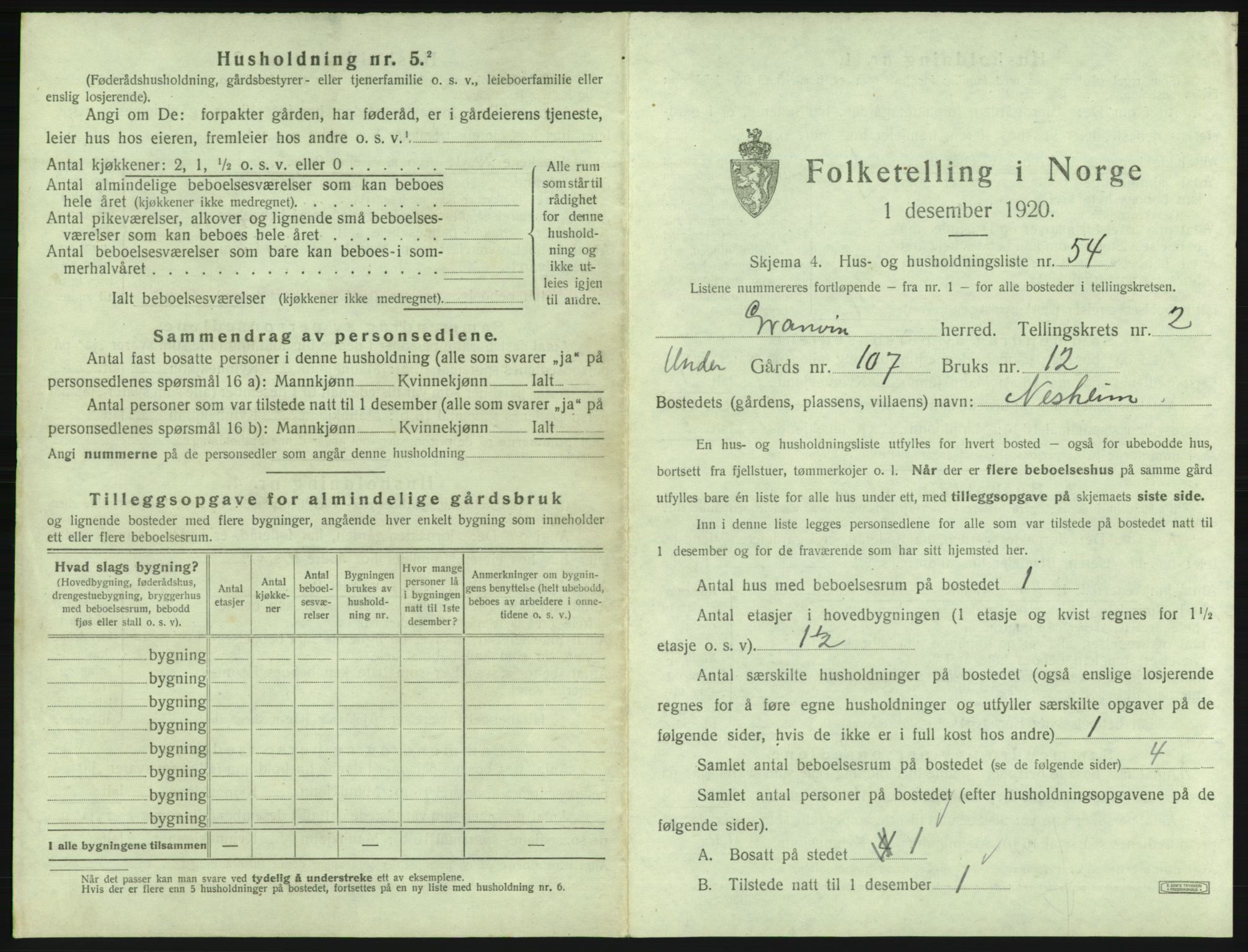 SAB, 1920 census for Granvin, 1920, p. 157