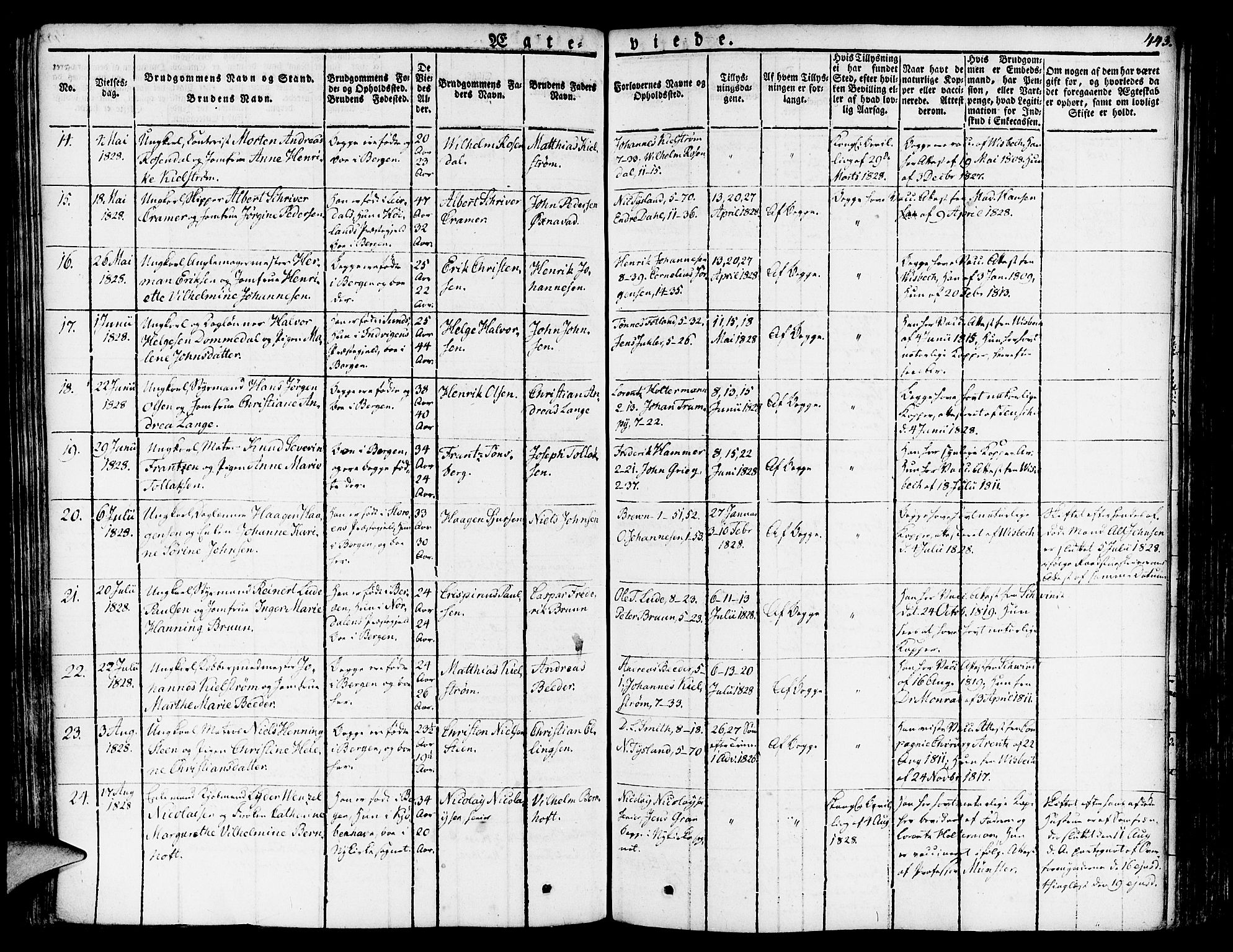 Nykirken Sokneprestembete, SAB/A-77101/H/Haa/L0012: Parish register (official) no. A 12, 1821-1844, p. 443