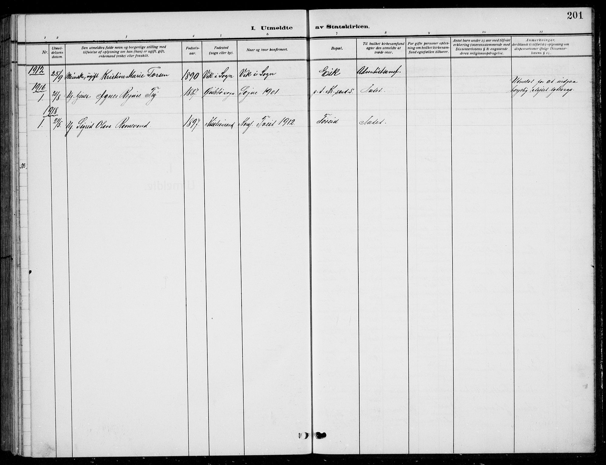 Søgne sokneprestkontor, SAK/1111-0037/F/Fb/Fbb/L0007: Parish register (copy) no. B 7, 1912-1931, p. 201
