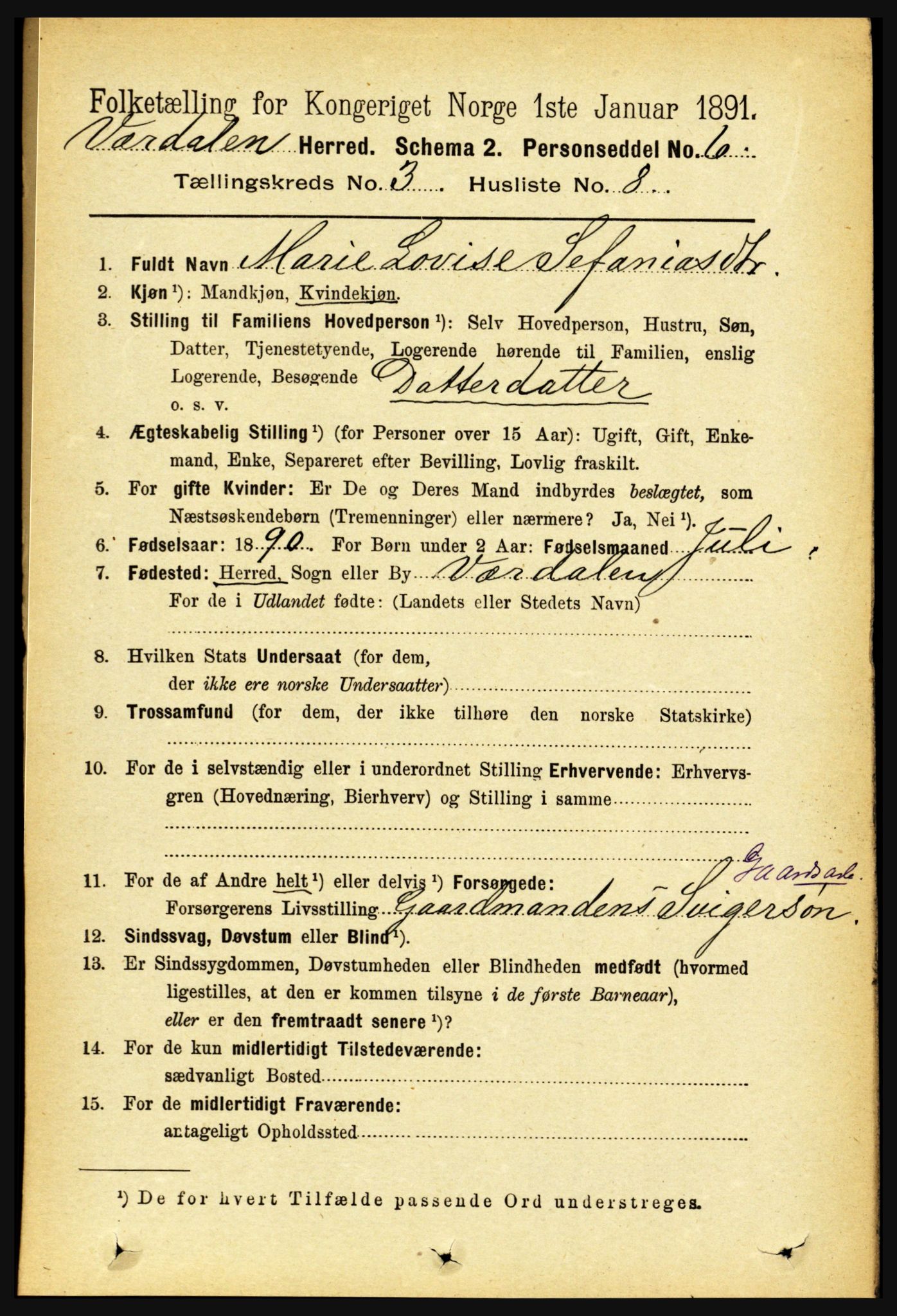 RA, 1891 census for 1721 Verdal, 1891, p. 1825