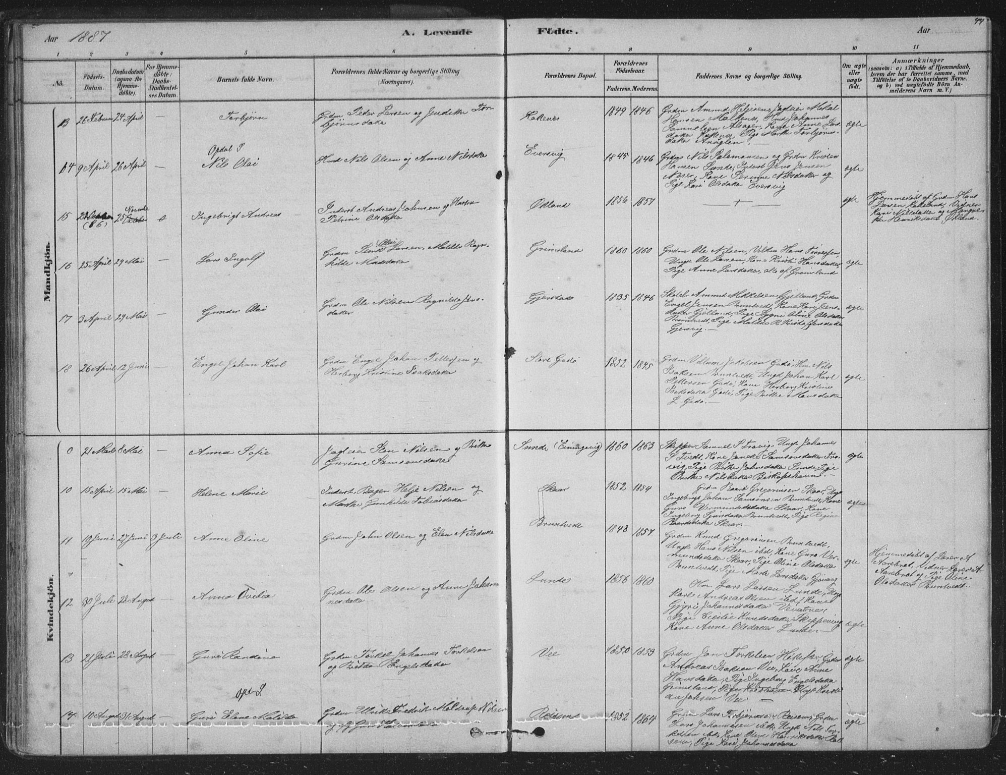 Tysnes sokneprestembete, AV/SAB-A-78601/H/Hab: Parish register (copy) no. B 2, 1878-1918, p. 44