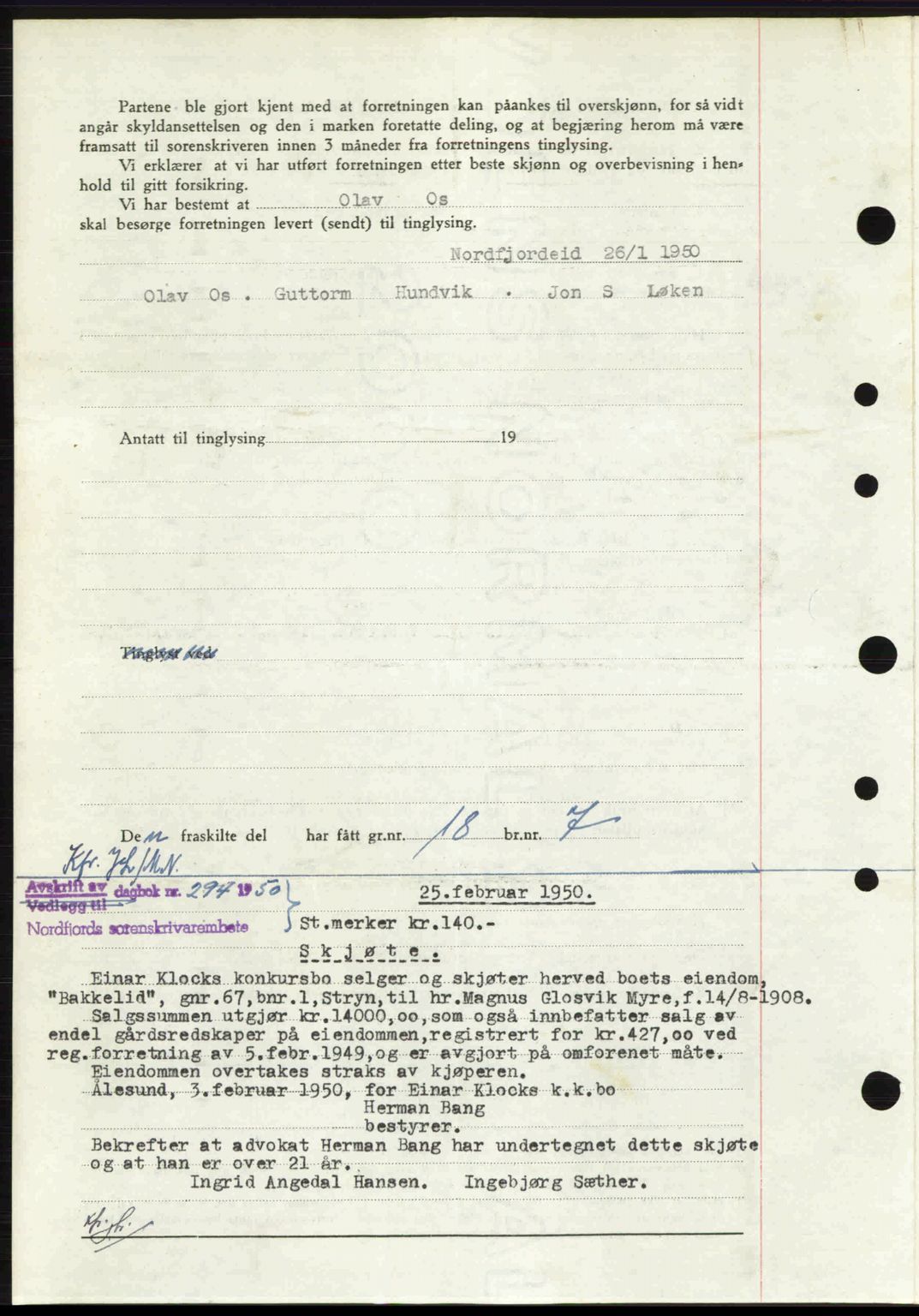 Nordfjord sorenskriveri, SAB/A-2801/02/02b/02bj/L0016a: Mortgage book no. A16 I, 1949-1950, Diary no: : 294/1950