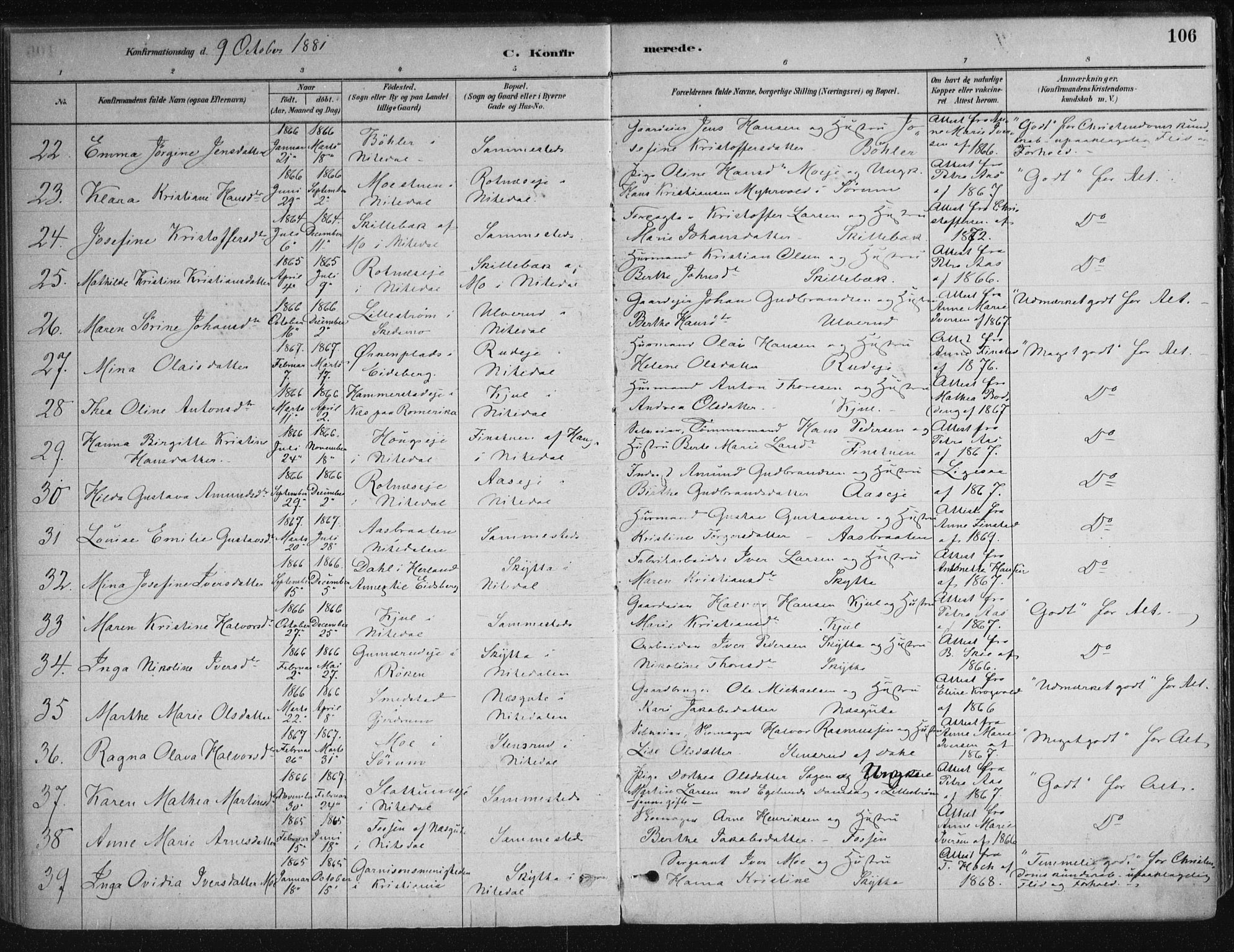 Nittedal prestekontor Kirkebøker, SAO/A-10365a/F/Fa/L0007: Parish register (official) no. I 7, 1879-1901, p. 106