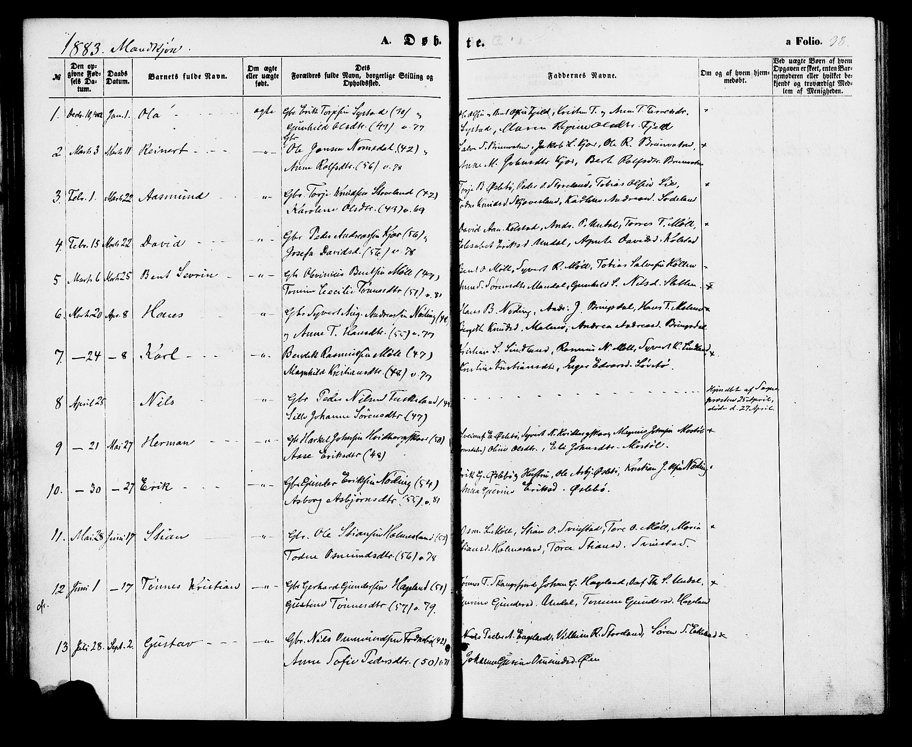 Holum sokneprestkontor, AV/SAK-1111-0022/F/Fa/Faa/L0006: Parish register (official) no. A 6, 1865-1883, p. 38