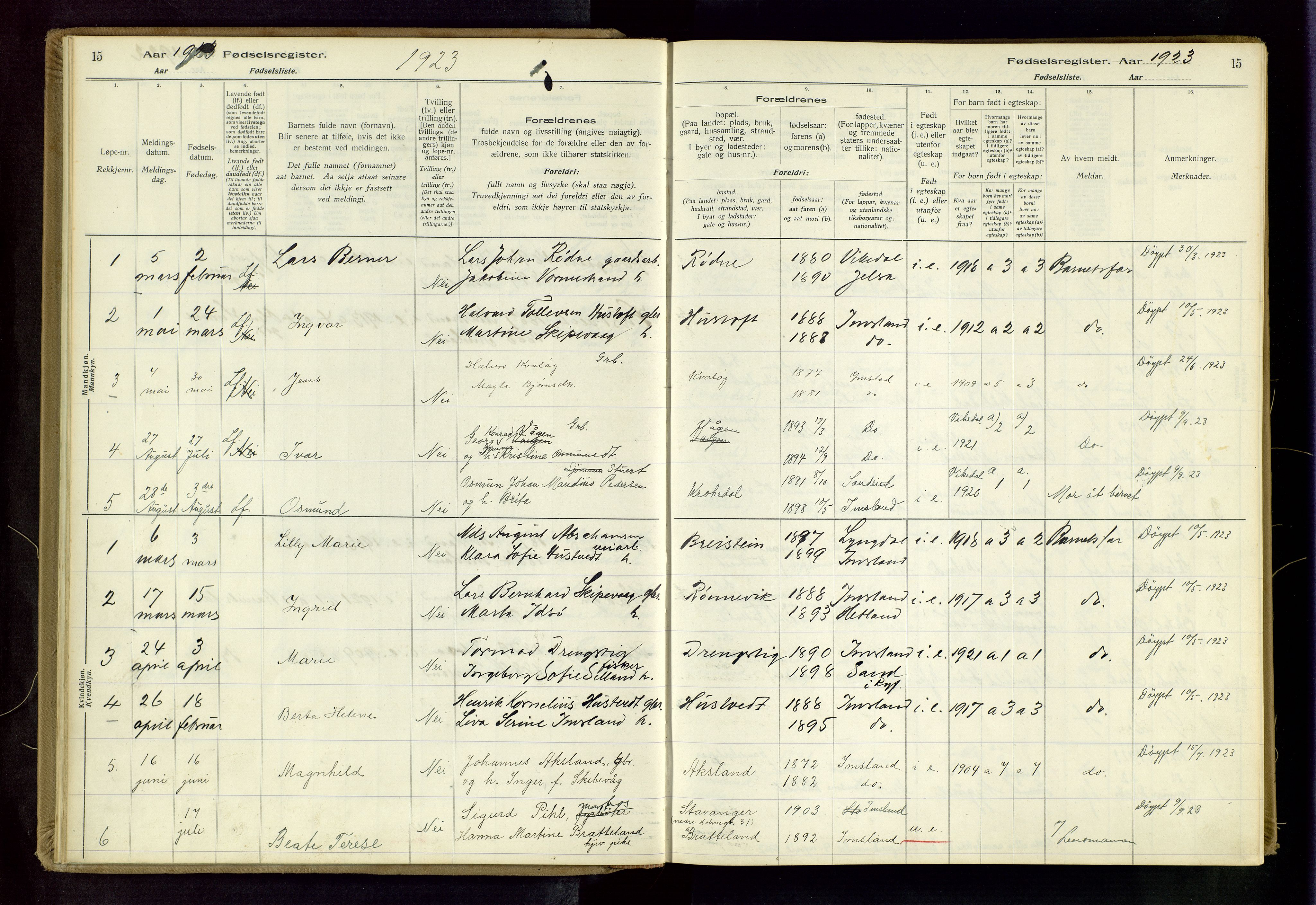 Vikedal sokneprestkontor, AV/SAST-A-101840/01/II: Birth register no. 5, 1916-1982, p. 15