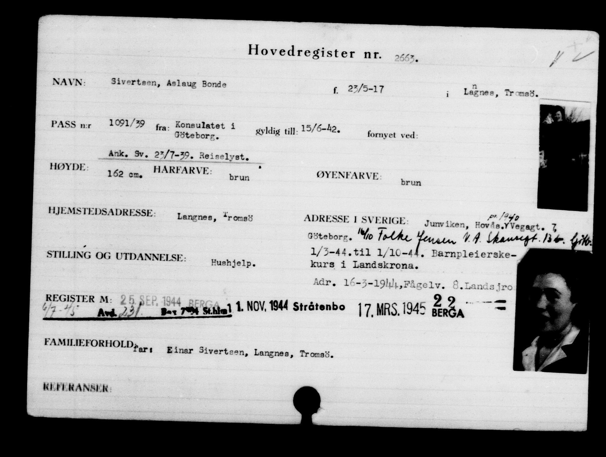 Utenriksstasjonene, Legasjonen i Stockholm, Flyktningkontoret, AV/RA-S-6753/V/Va/L0003: Kjesäterkartoteket, flyktninger med registreringsnr. 2001-3495, 1940-1945, p. 1031