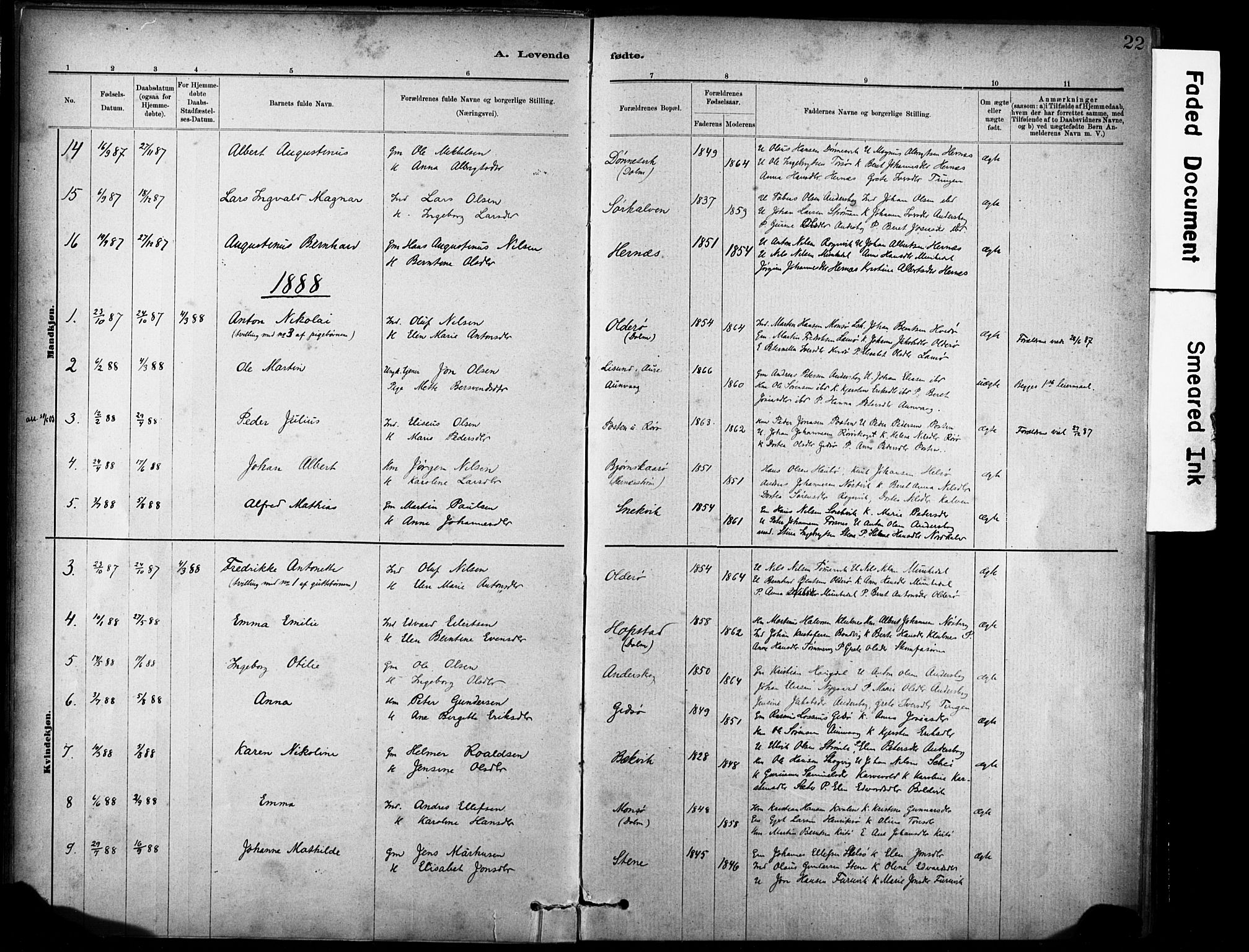 Ministerialprotokoller, klokkerbøker og fødselsregistre - Sør-Trøndelag, AV/SAT-A-1456/635/L0551: Parish register (official) no. 635A01, 1882-1899, p. 22