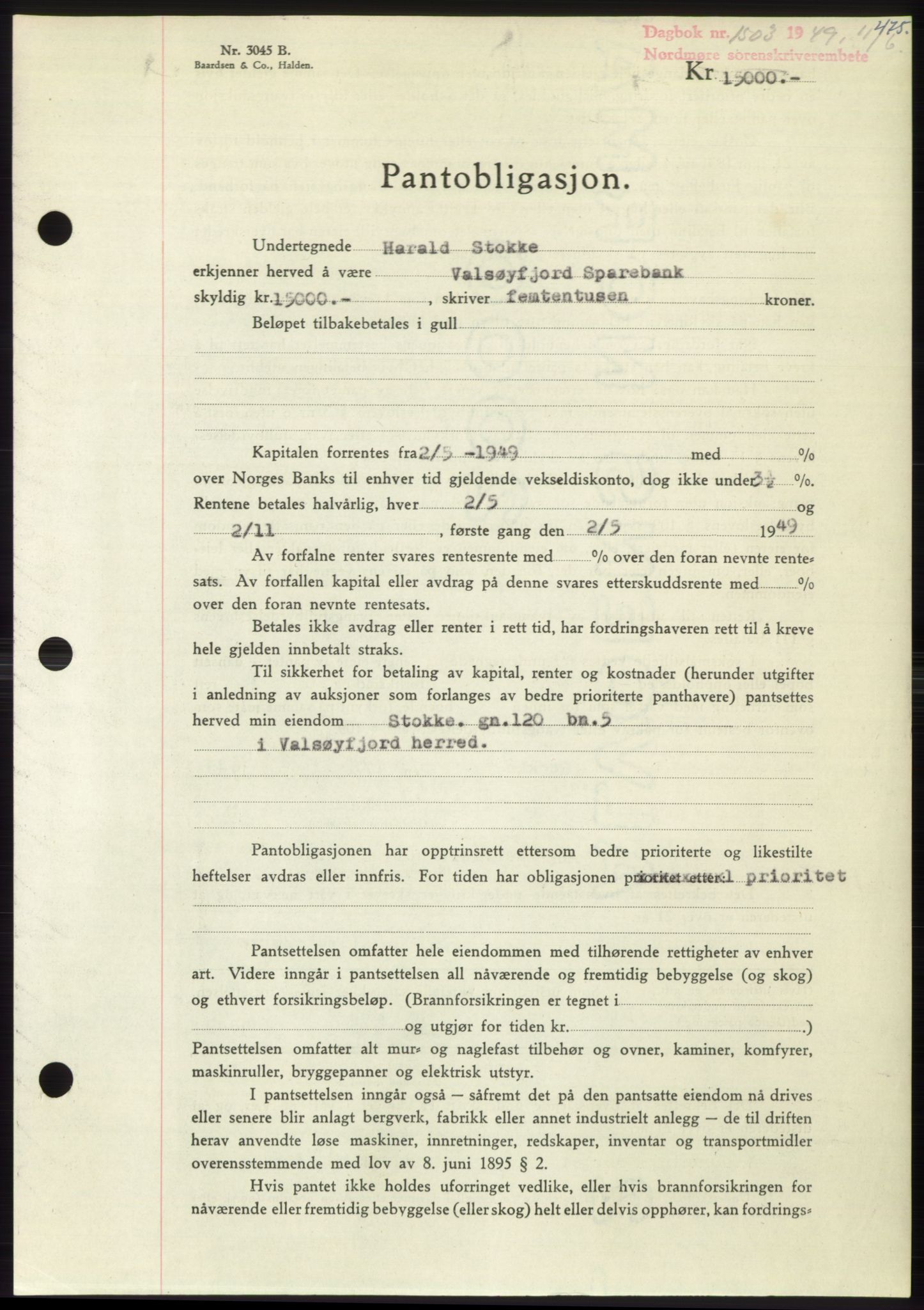 Nordmøre sorenskriveri, AV/SAT-A-4132/1/2/2Ca: Mortgage book no. B101, 1949-1949, Diary no: : 1503/1949