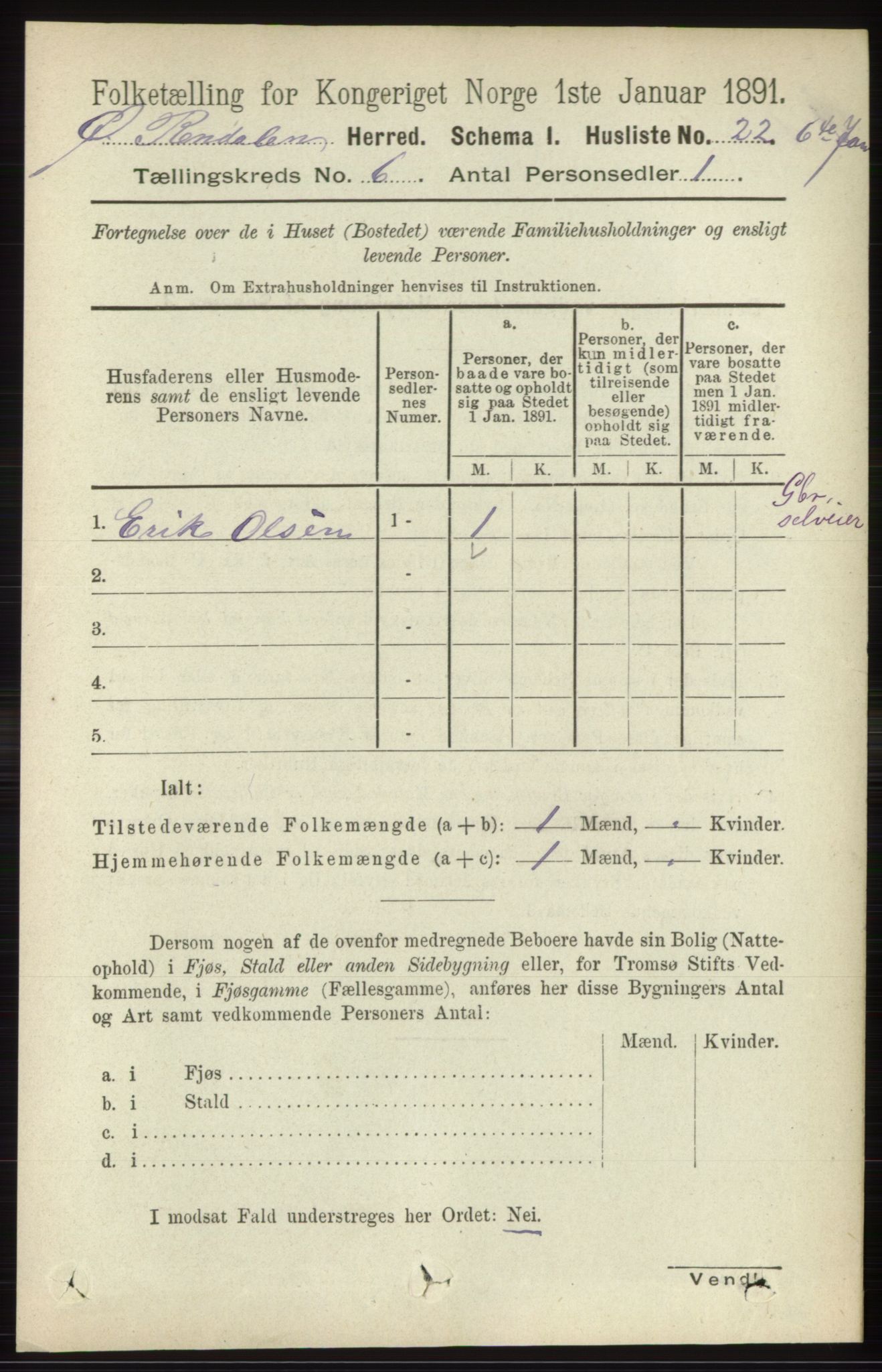 RA, 1891 census for 0433 Øvre Rendal, 1891, p. 1595