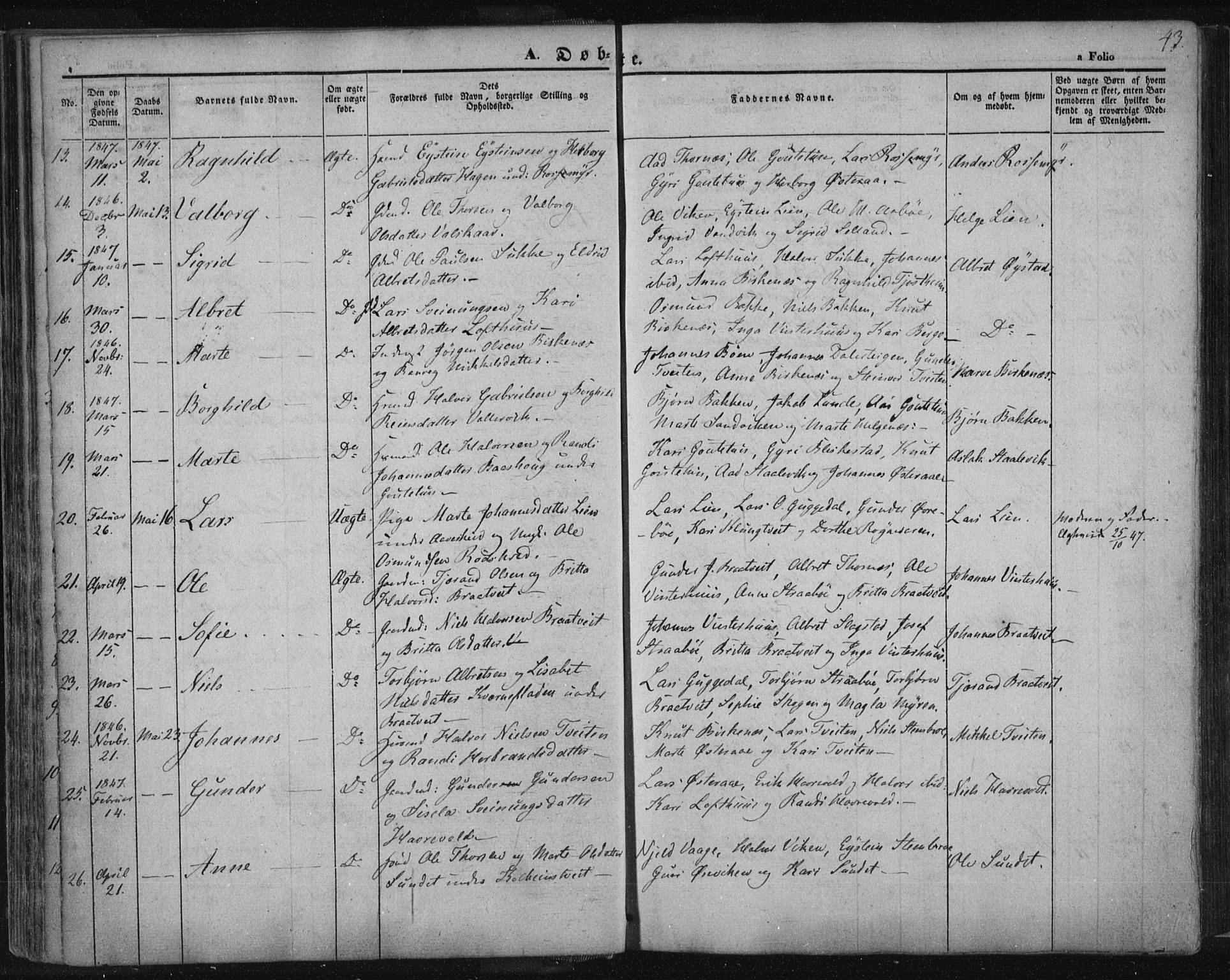 Suldal sokneprestkontor, AV/SAST-A-101845/01/IV/L0008: Parish register (official) no. A 8, 1836-1853, p. 43